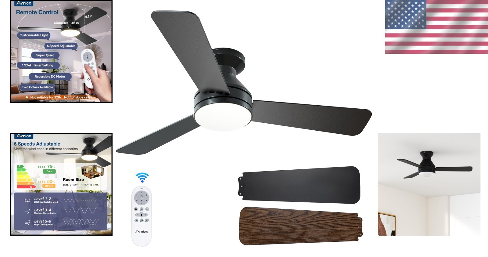 Quiet 42-Inch Reversible Ceiling Fan with LED Light & Remote - Dimmable Design