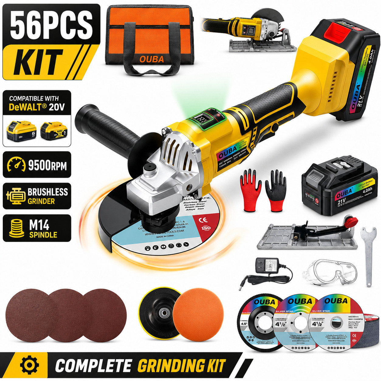 Cordless Angle Grinder Compatible w/ DeWalt 20V MAX 4.5" 5" Brushless 9500RPM