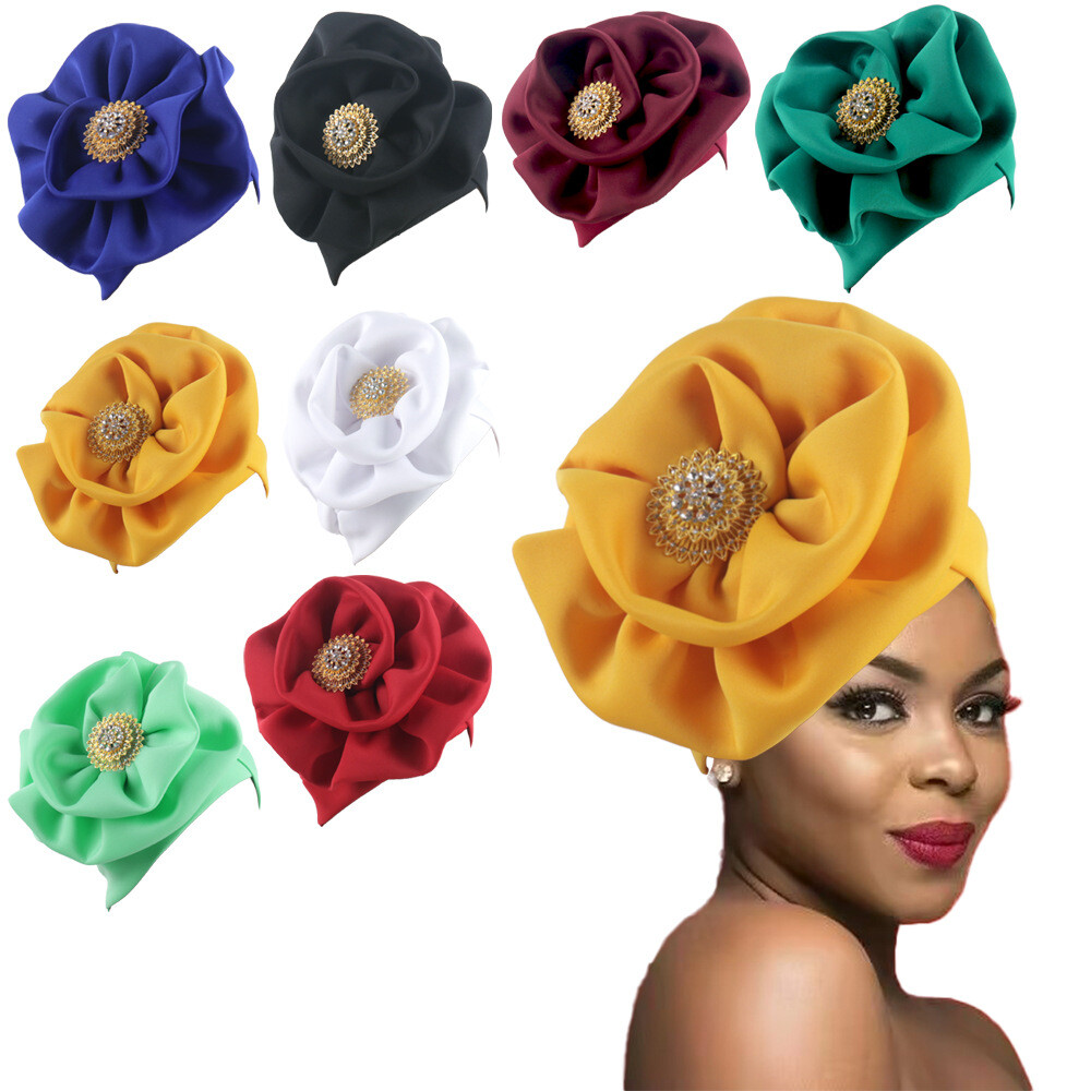 Elegant Women Wedding Party Turban Cap Big Flower Muslim Africa Headtie Wrap Hat