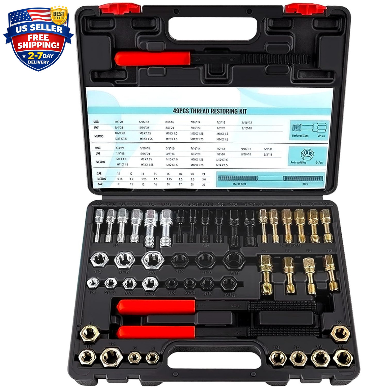 49-Pieces Thread Chaser Set, UNC UNF & Metric Thread Repair Kit with Taps, Dies,