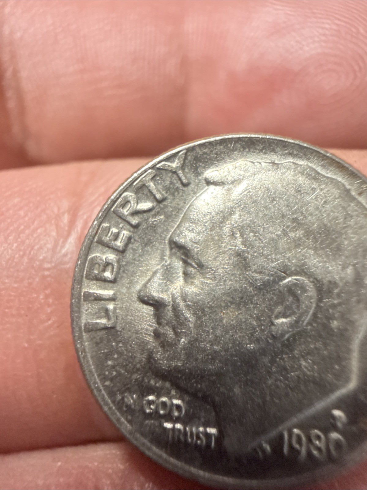 1980 Roosevelt Dime, DD, Missing Letters Reverse Error Coin