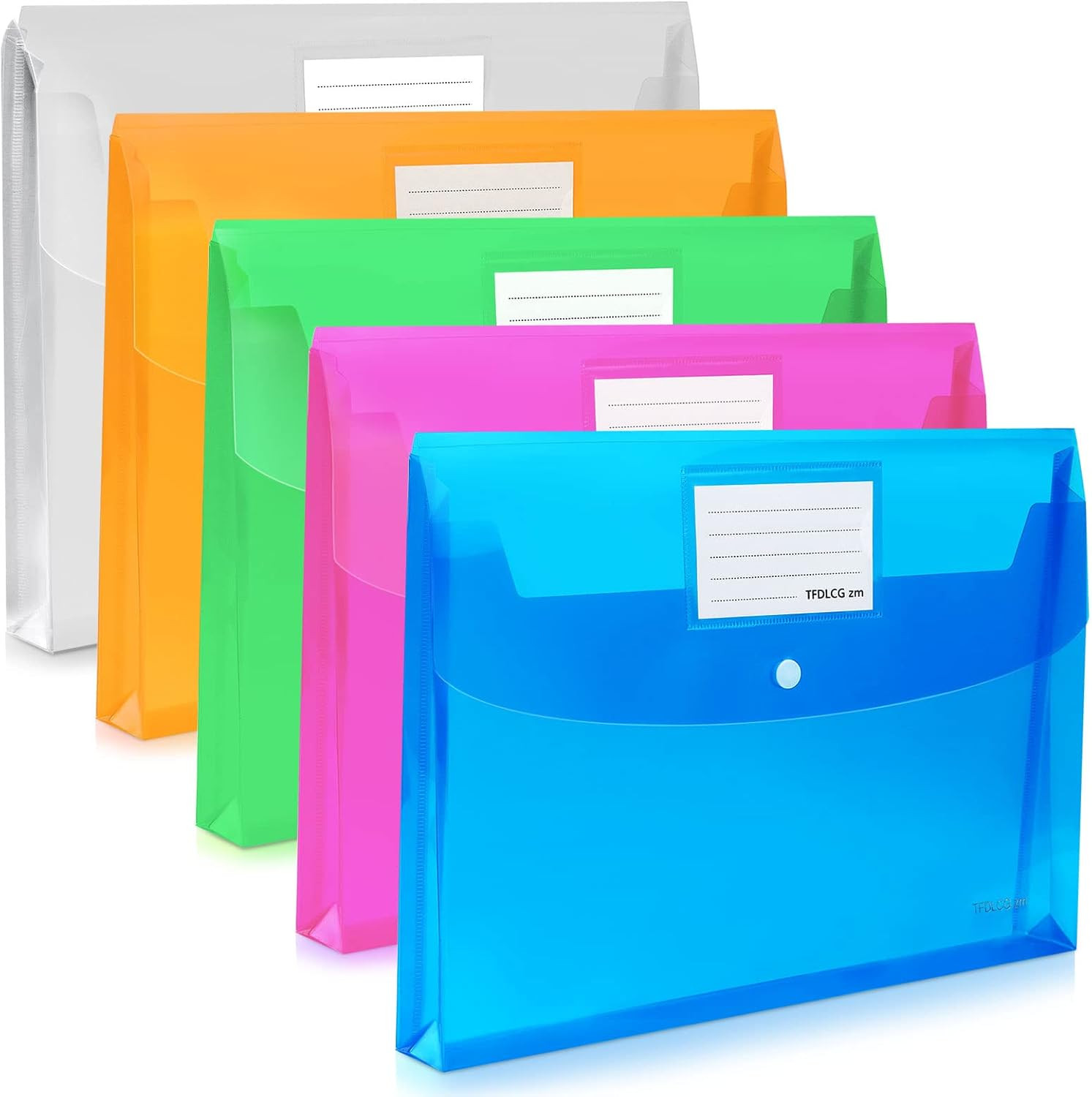 5 Pack Plastic Envelopes with Snap Closure,Large-Capacity Colored Clear Folders