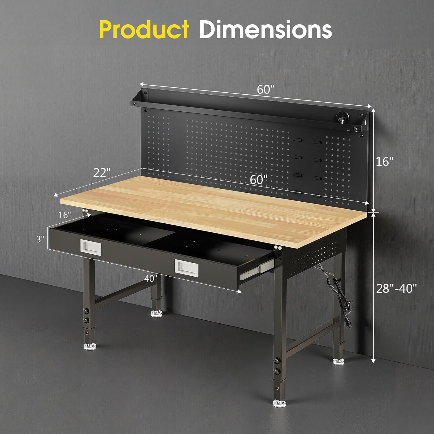 60" Adjustable Work Bench with Drawers, Workbench for Garage with Strip Light, W