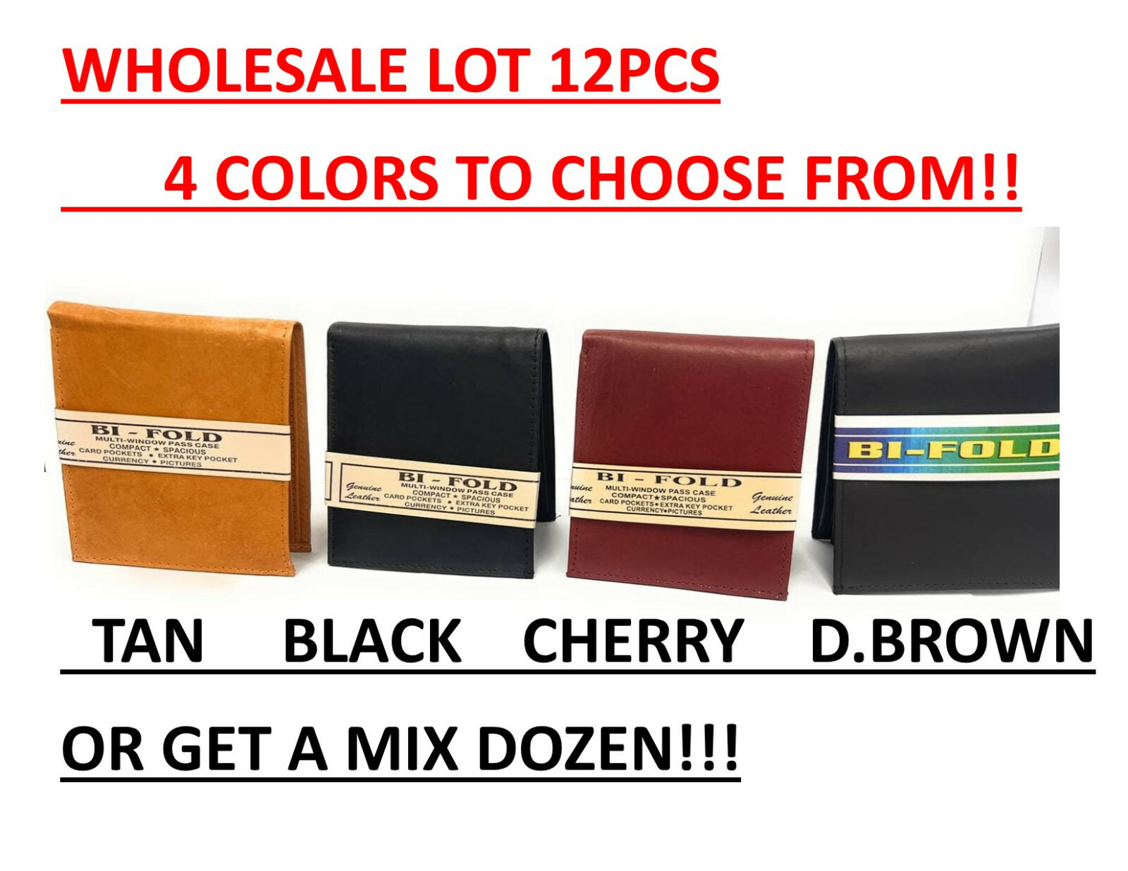 WHOLESALE LOT 12 MENS LEATHER WALLETS BIFOLD 4 colors black, beige, Brown or mix