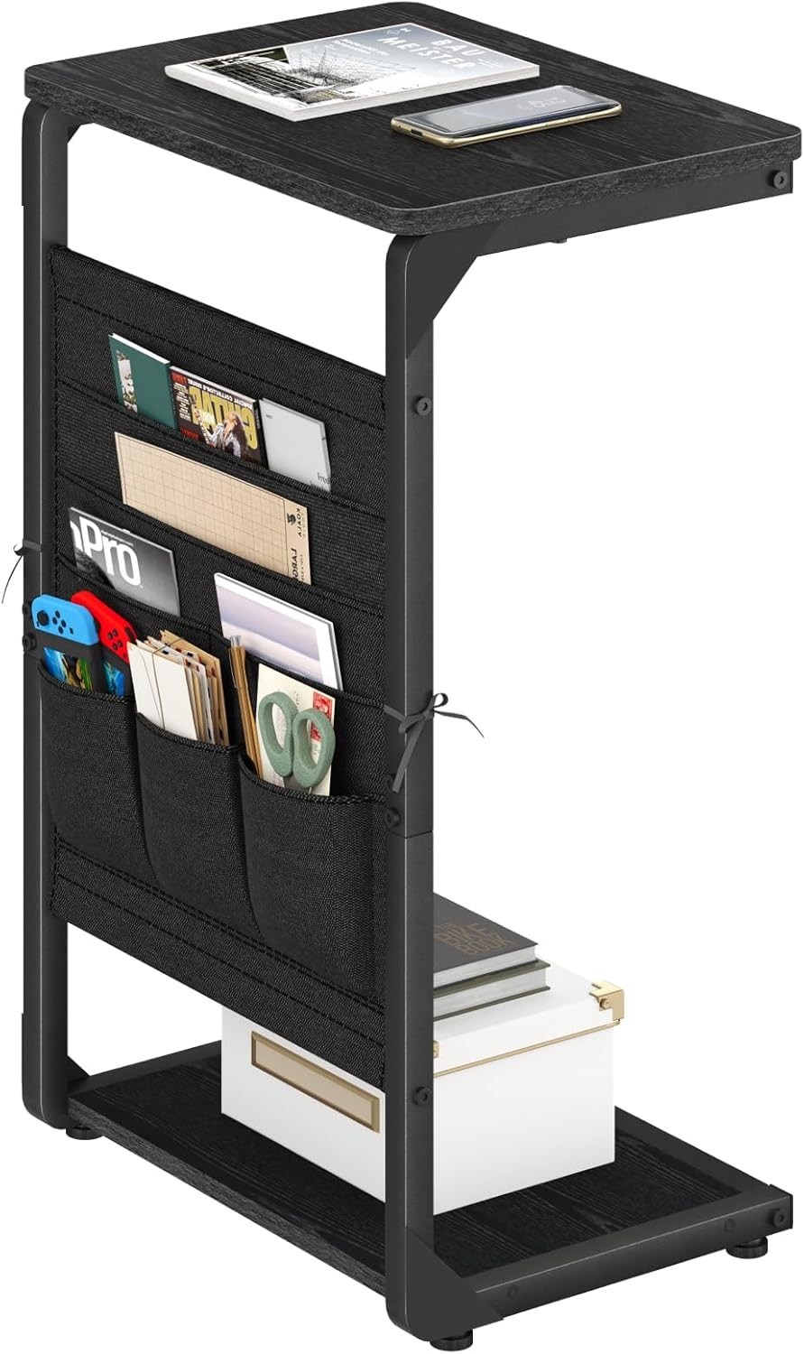 C-Shaped End Table W/ Storage Bag Small Couch Side Table Sofa TV Tray Table