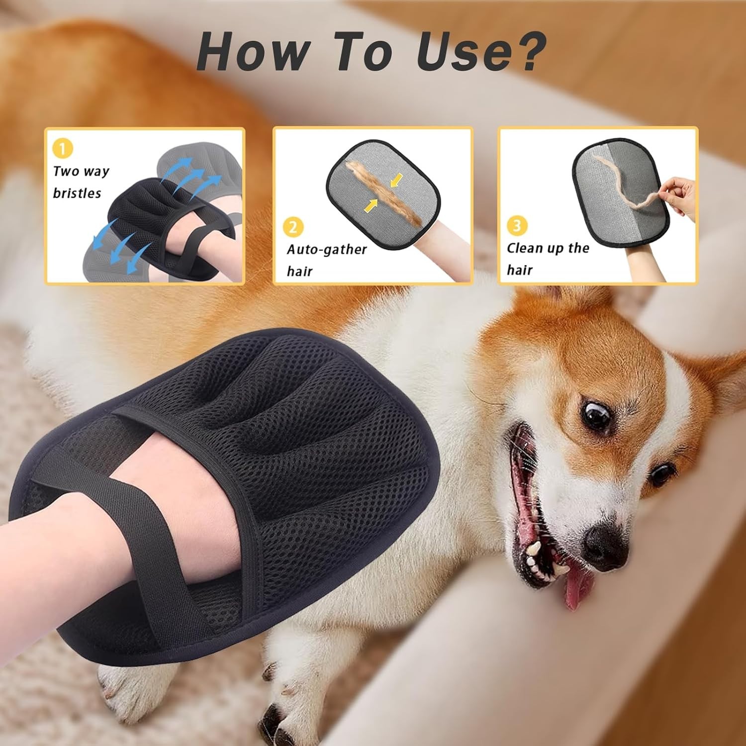 Five-Finger Electrostatic Pet Hair Remover Glove for Effortless Cleanups - Black