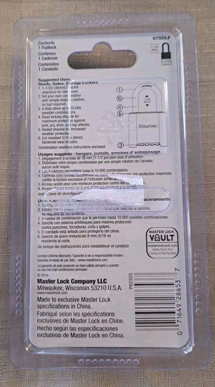 Masterlock Combination Gold Lock 2" Wide 1-1/2" Shackle - (875DLF)