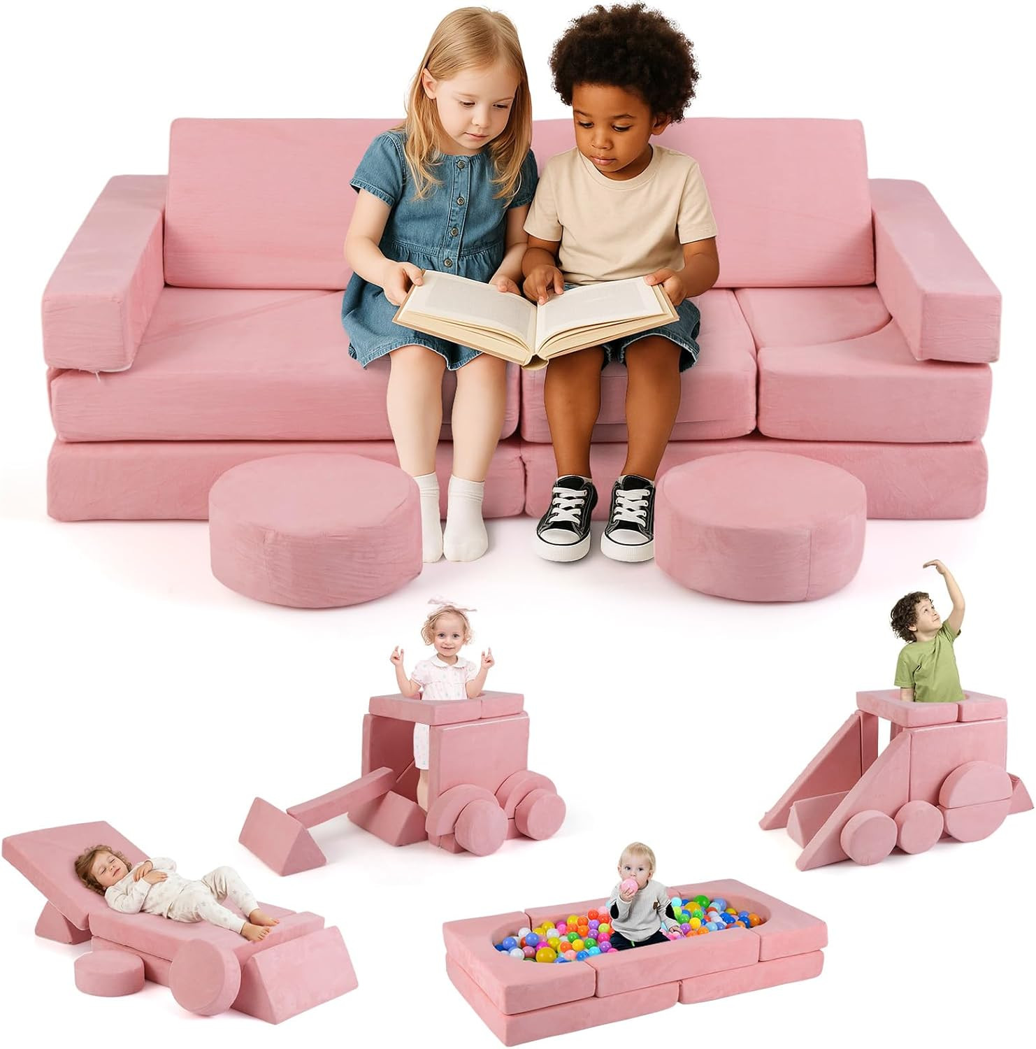 Modular Kids Play Couch - 13 PCS Soft Foam Sectional Sofa for Playroom (Pink)