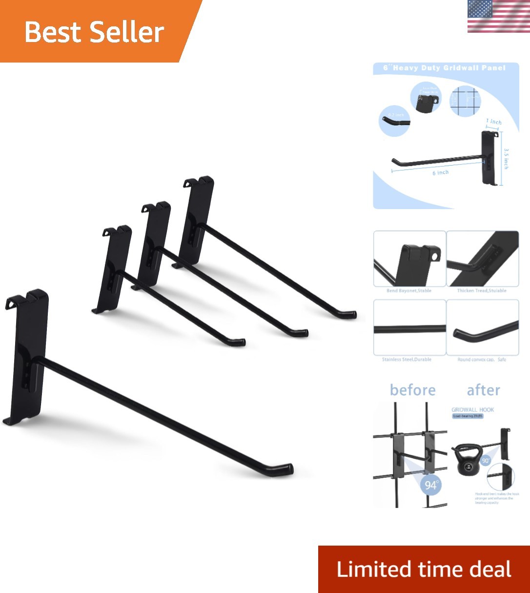 12-Piece 6-Inch Heavy-Duty Gridwall Hooks - Rust Resistant Metal Display Hooks