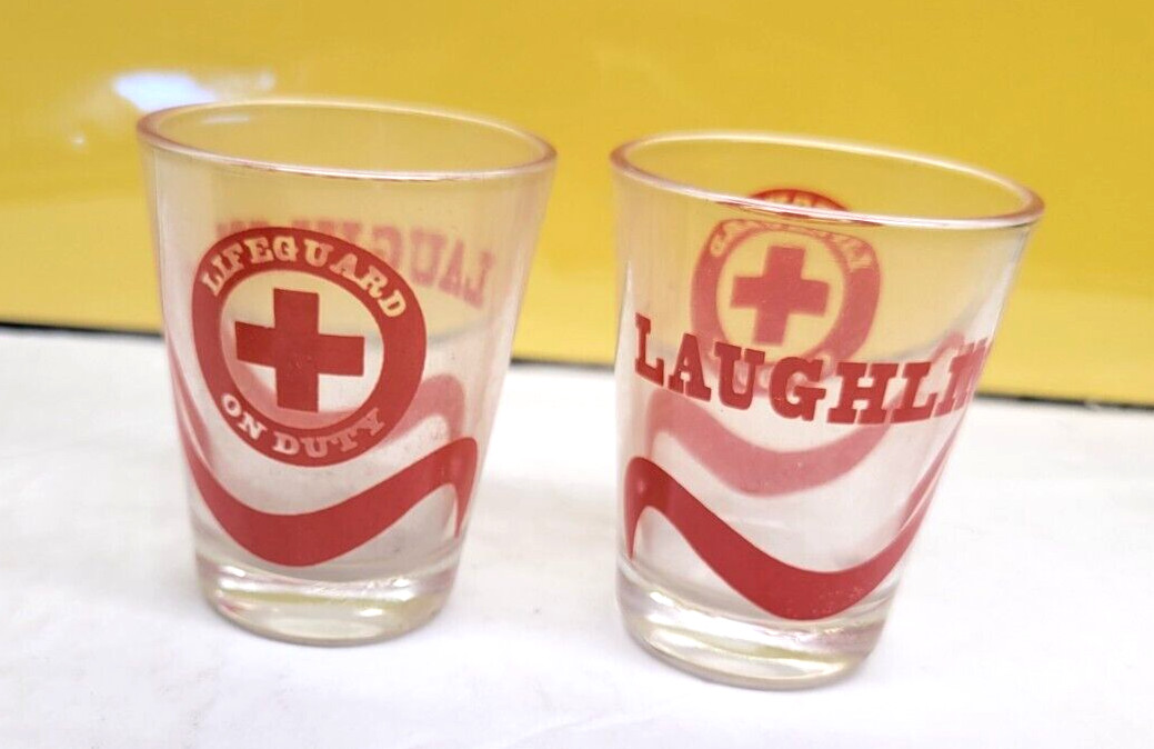 2 LAUGHLIN NEVADA SOUVENIR SHOT GLASSES LIFEGUARD ON DUTY BARWARE - U