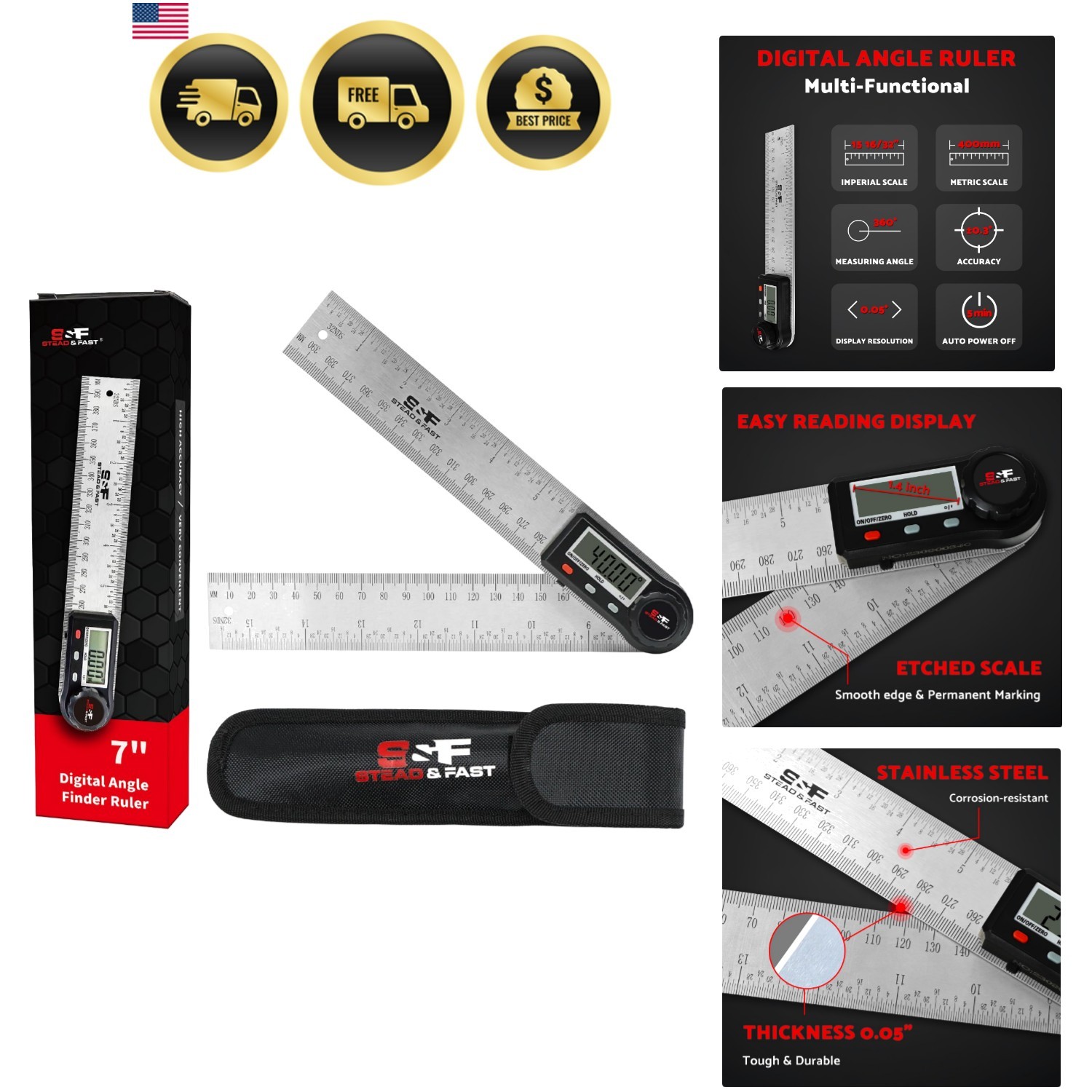 Digital Angle Finder Tool for Woodworking 7 inch / 200 mm, Stainless Steel wi...