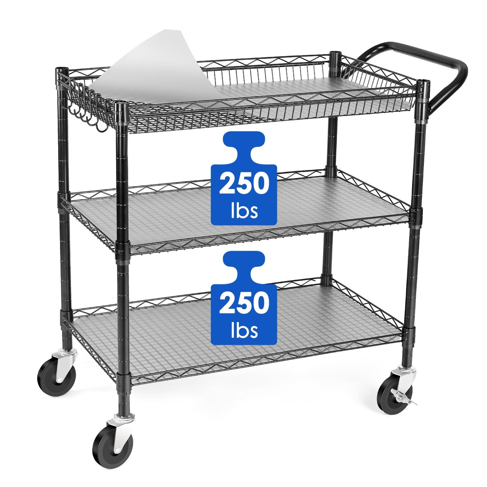 Heavy Duty 3 Tier Utility Cart,Wire Rolling Cart with Wheels, Commercial Cart...