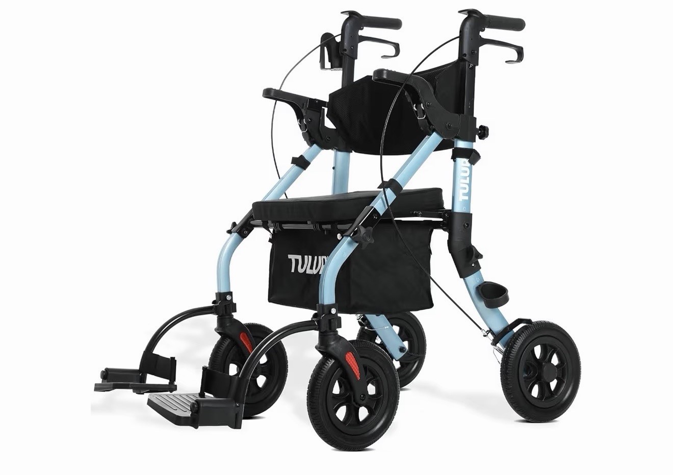 TULUR 2 In 1 Rollator Walker Transport Chair, Blue, Padded Seat, Adjustable