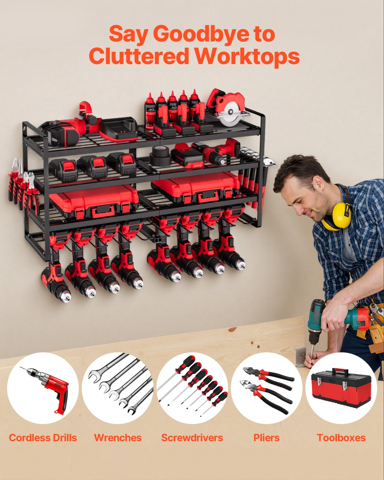 VEVOR Power Tool Organizer Wall Mount 4-Layer Tool Storage Rack 8 Drill Holders