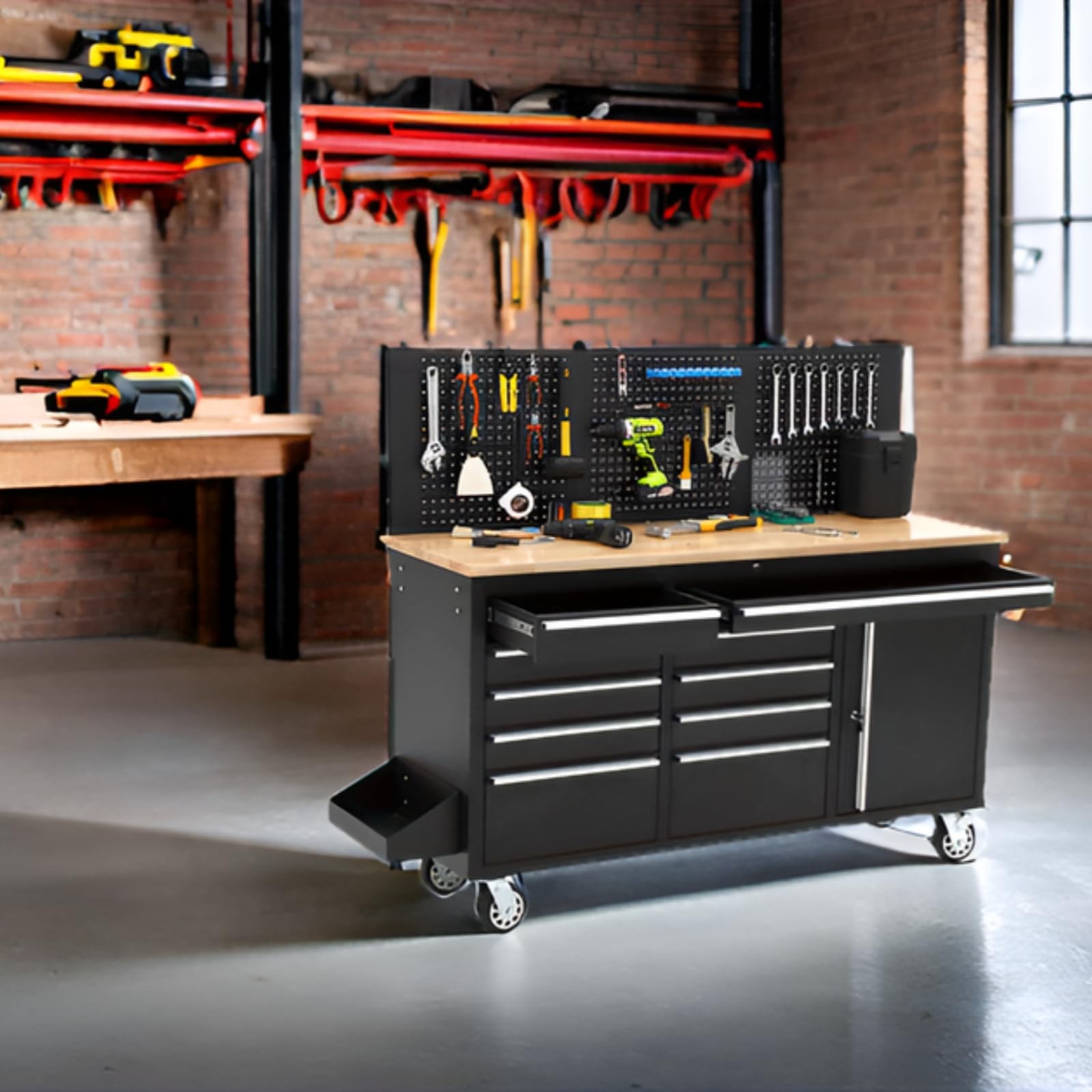 Workbench Rolling Tool Chest Heavy Duty Work Table with 10 Drawers and Pegboard