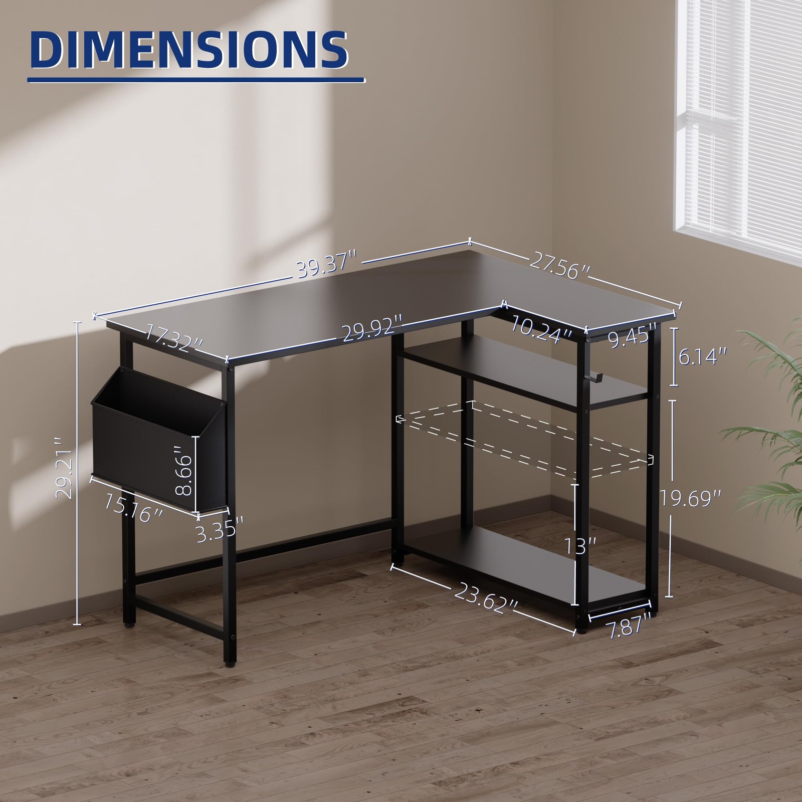 40 Inch L Shaped Computer Desk Reversible Side Storage Shelves Pamray Small