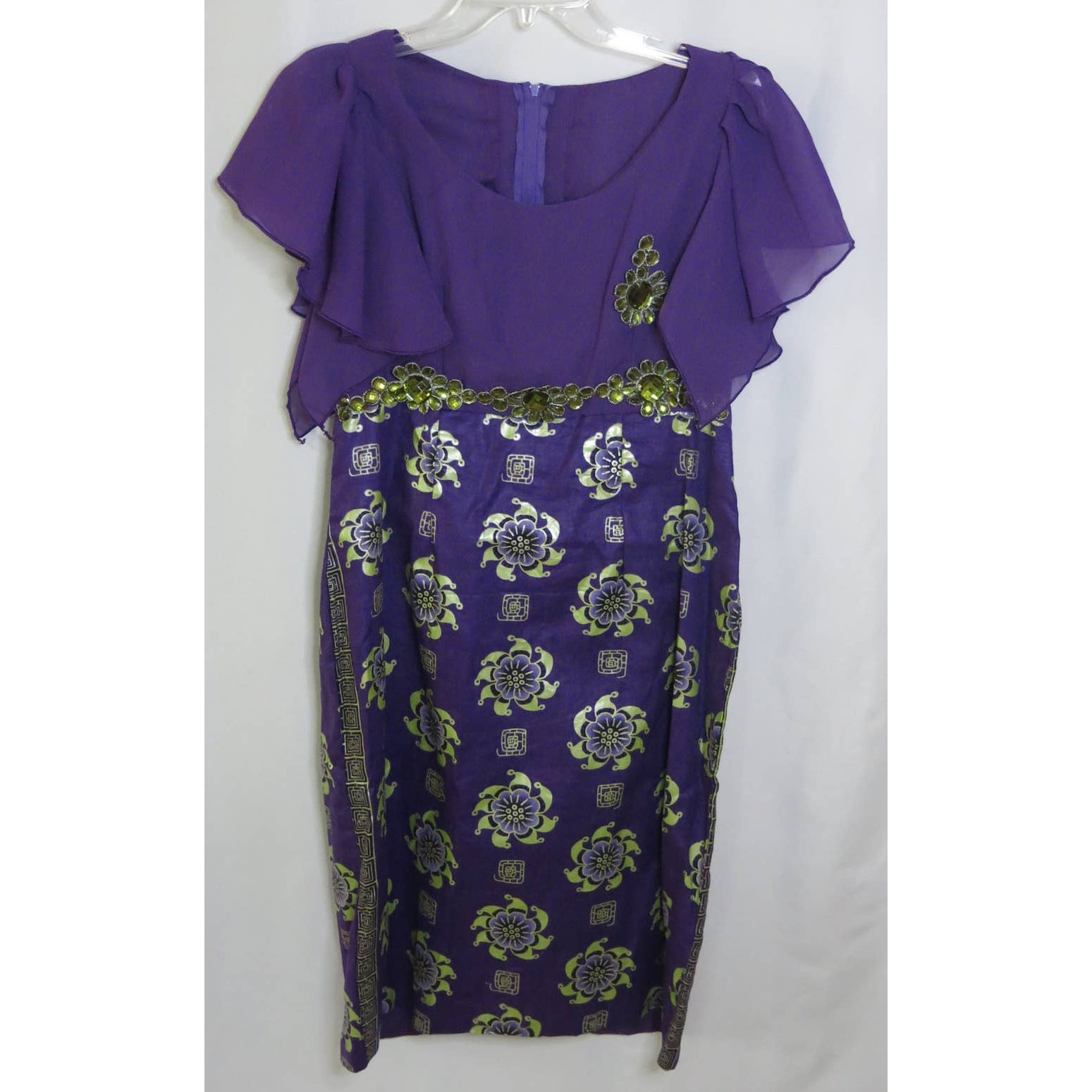 AFRICAN Handmade Ankara Dress Mid Length Short Sleeve Purple/Green with Gems
