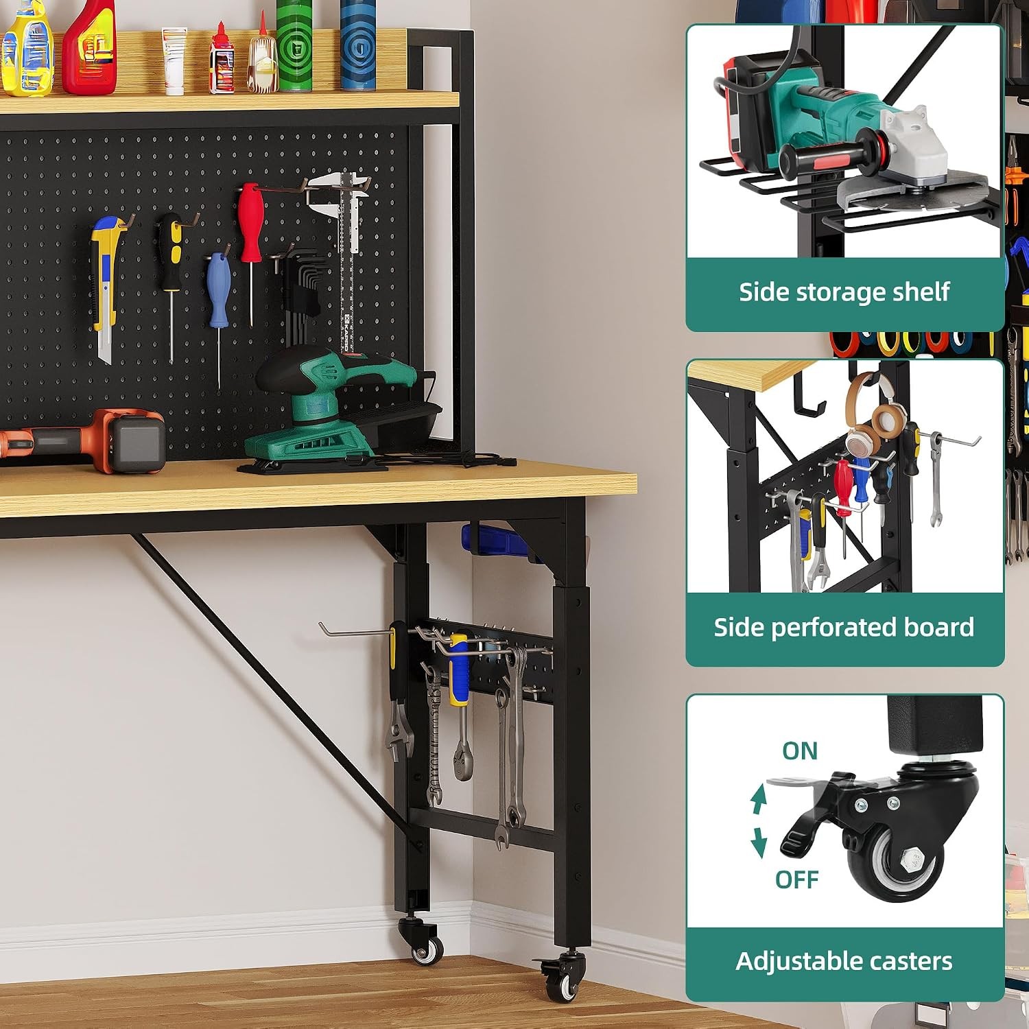 Rolling Workbench Adjustable Garage Table with Pegboard