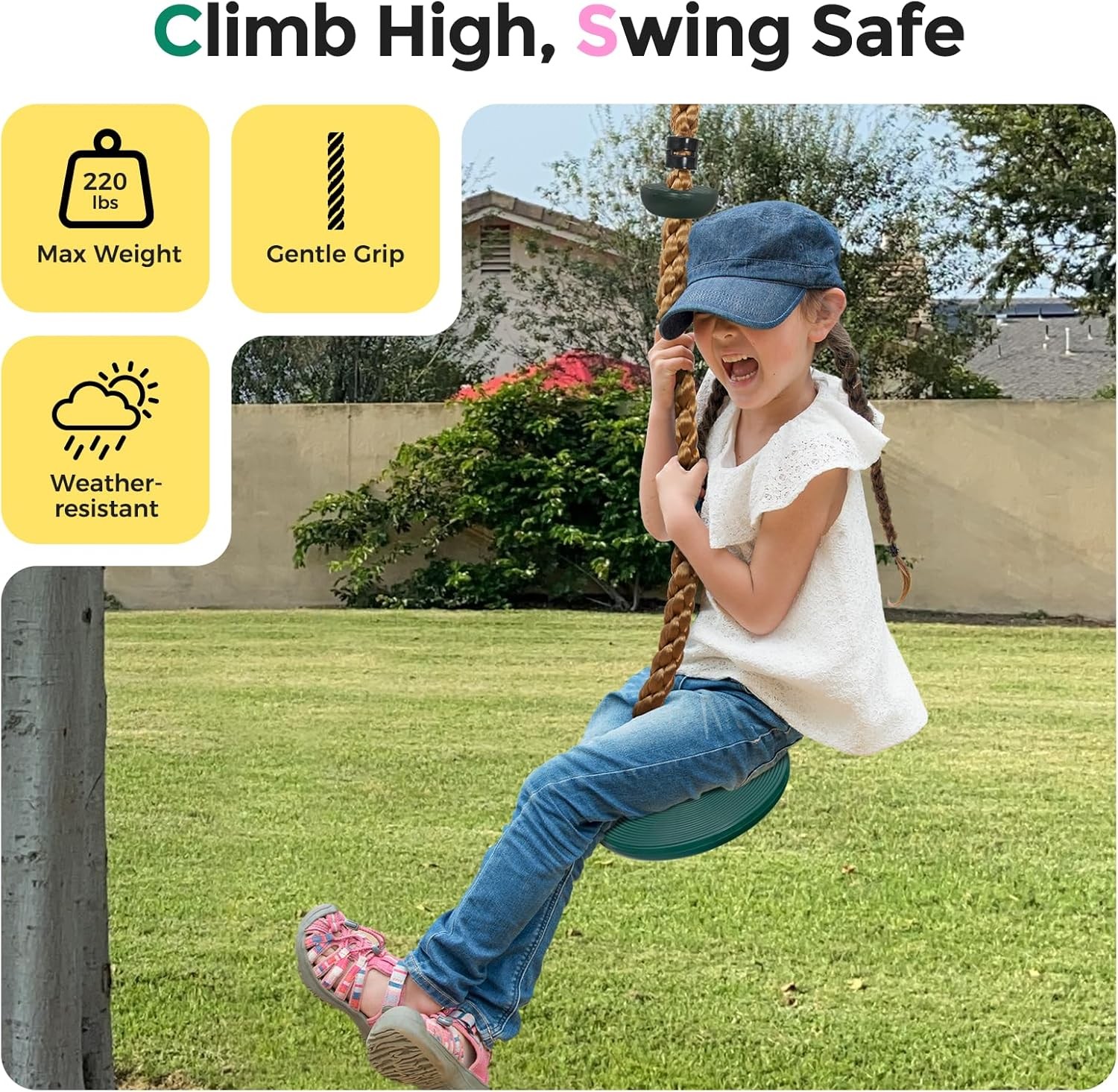 DECORLIFE Tree Swing for Kids Climbing Rope Disc Swing with Platforms Green