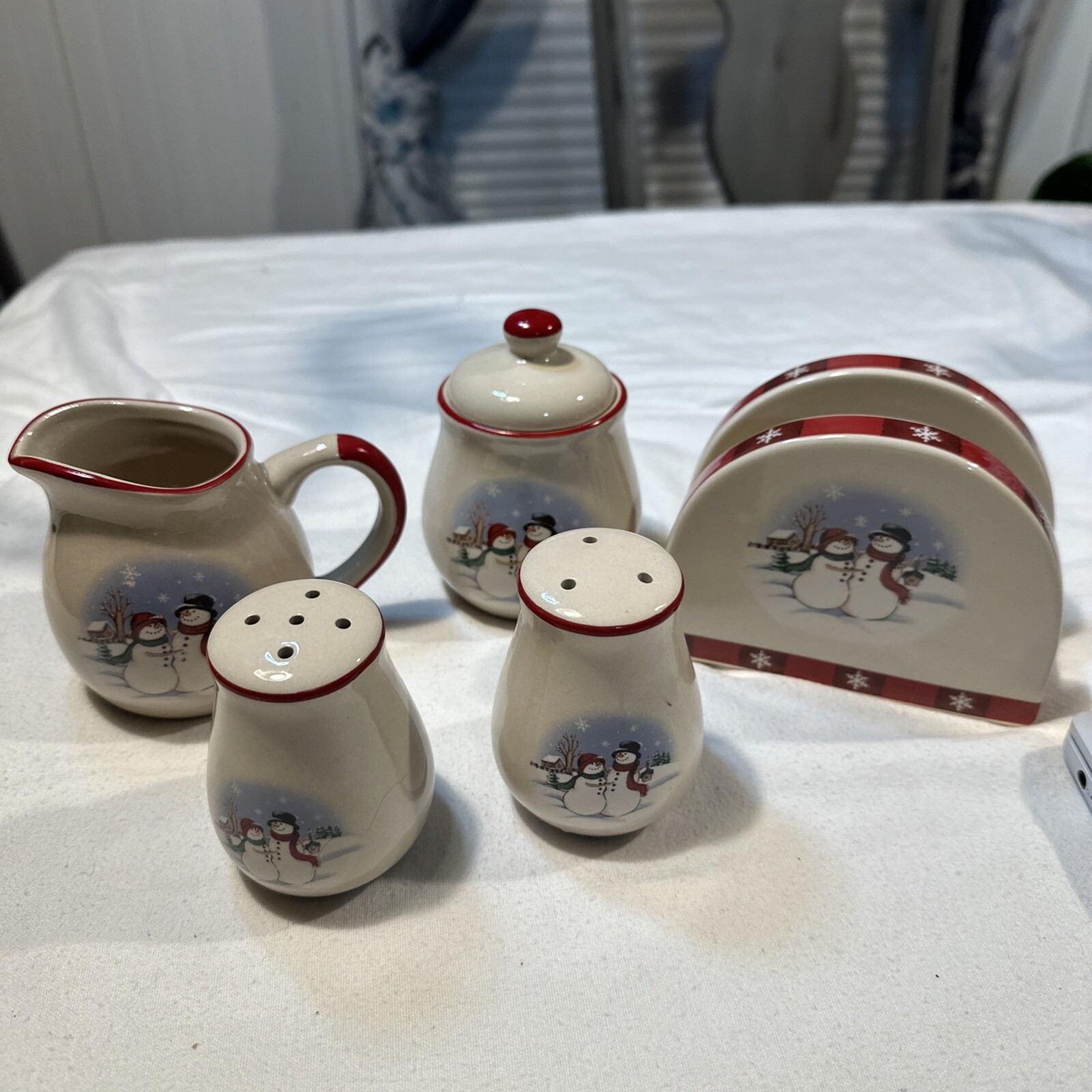 Table Set 5 piece Winter Wishes Napkin Holder S/P Cream and Sugar Snowman Theme