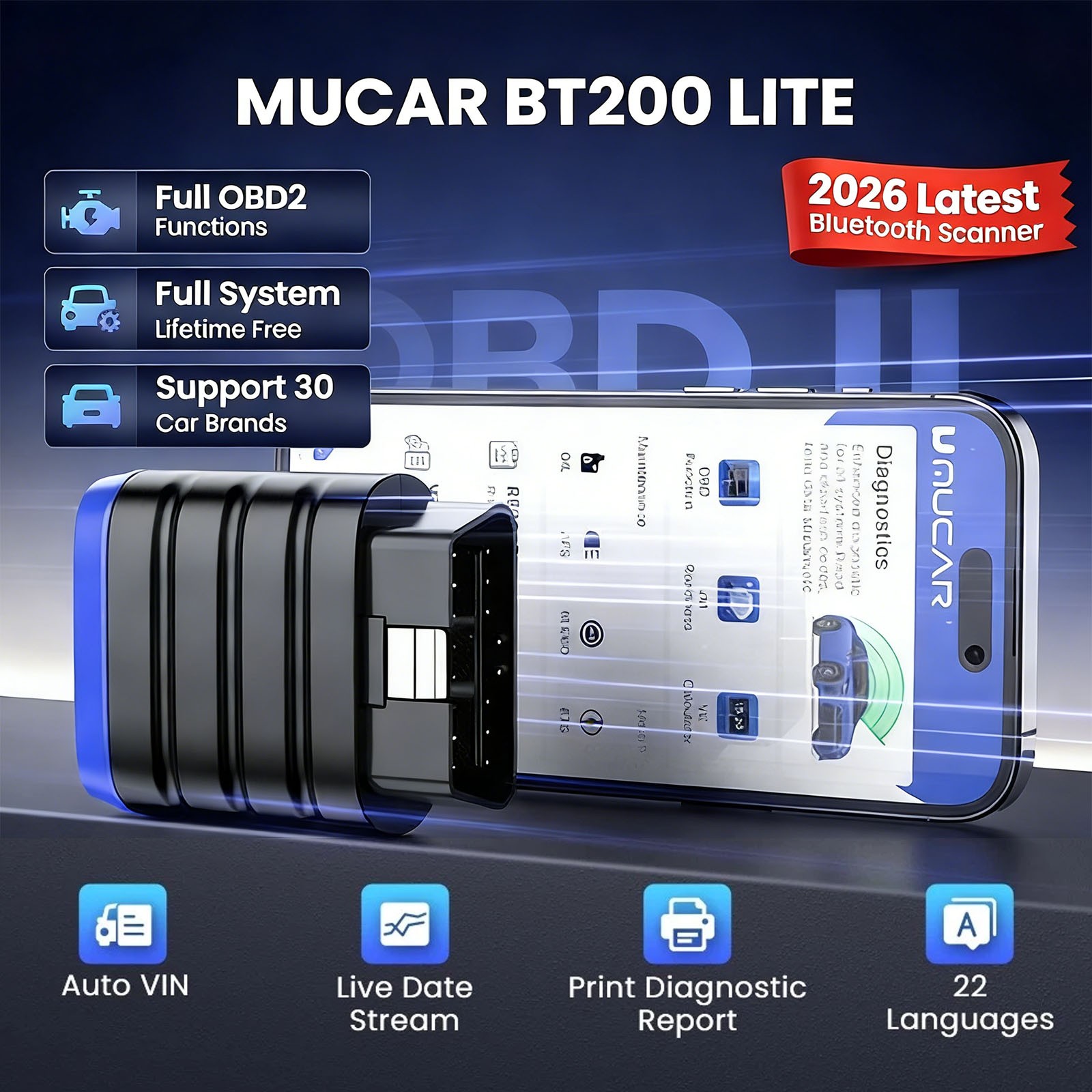 MUCAR BT200 LITE Bluetooth Car OBD2 Diagnostic Scanner All System Code Reader US