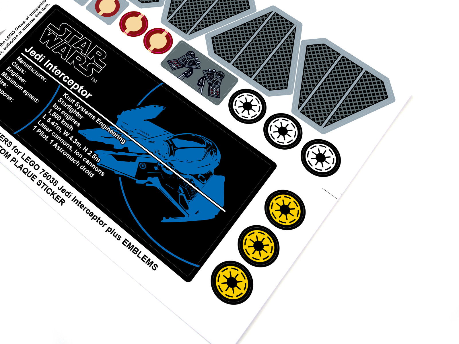 CUSTOM STICKERS for Set 75038 Jedi Interceptor , MODELS, Etc + BONUS EXTRAS