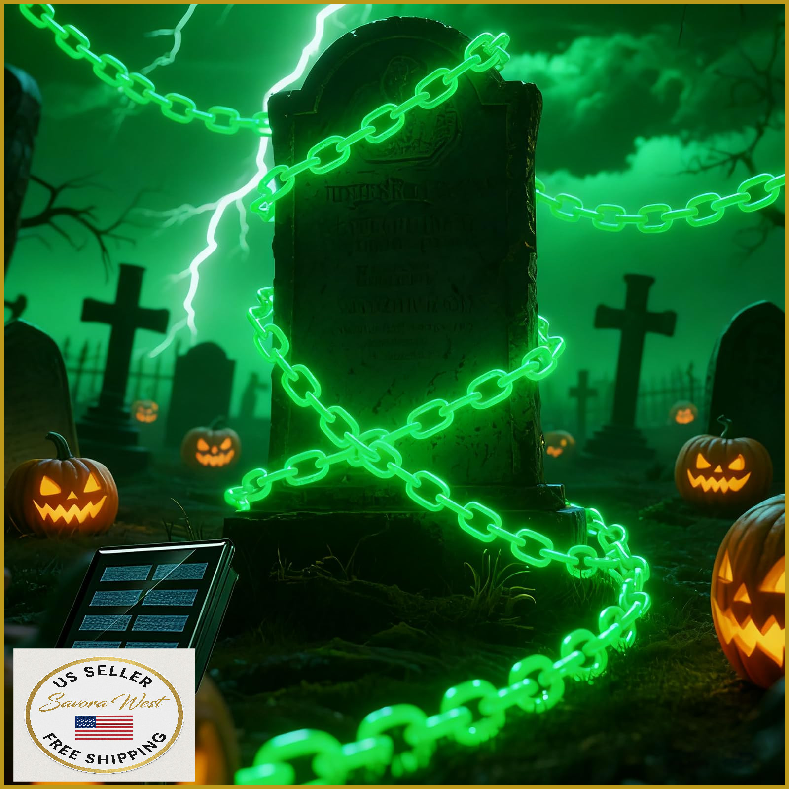 10FT Solar Green Chain String Lights, 8 Modes, Outdoor Halloween Decorations