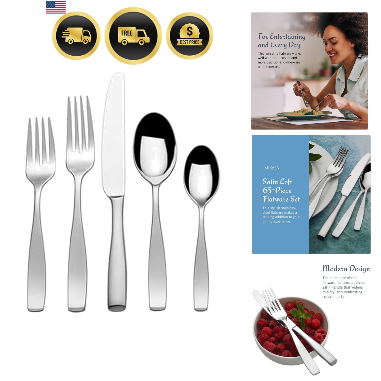 Satin Loft 65-Piece Flatware Set, Service for 12, 18/10 Stainless Steel Silve...