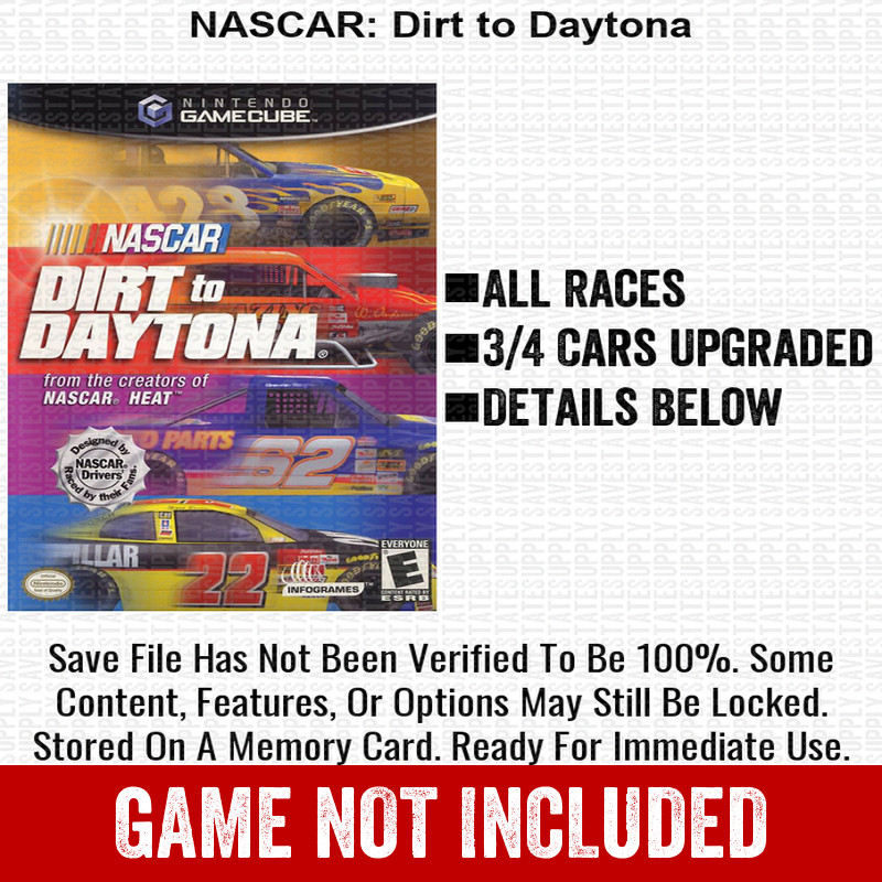 NASCAR Dirt to Daytona 100% Nintendo GameCube Memory Card Save CHEATS