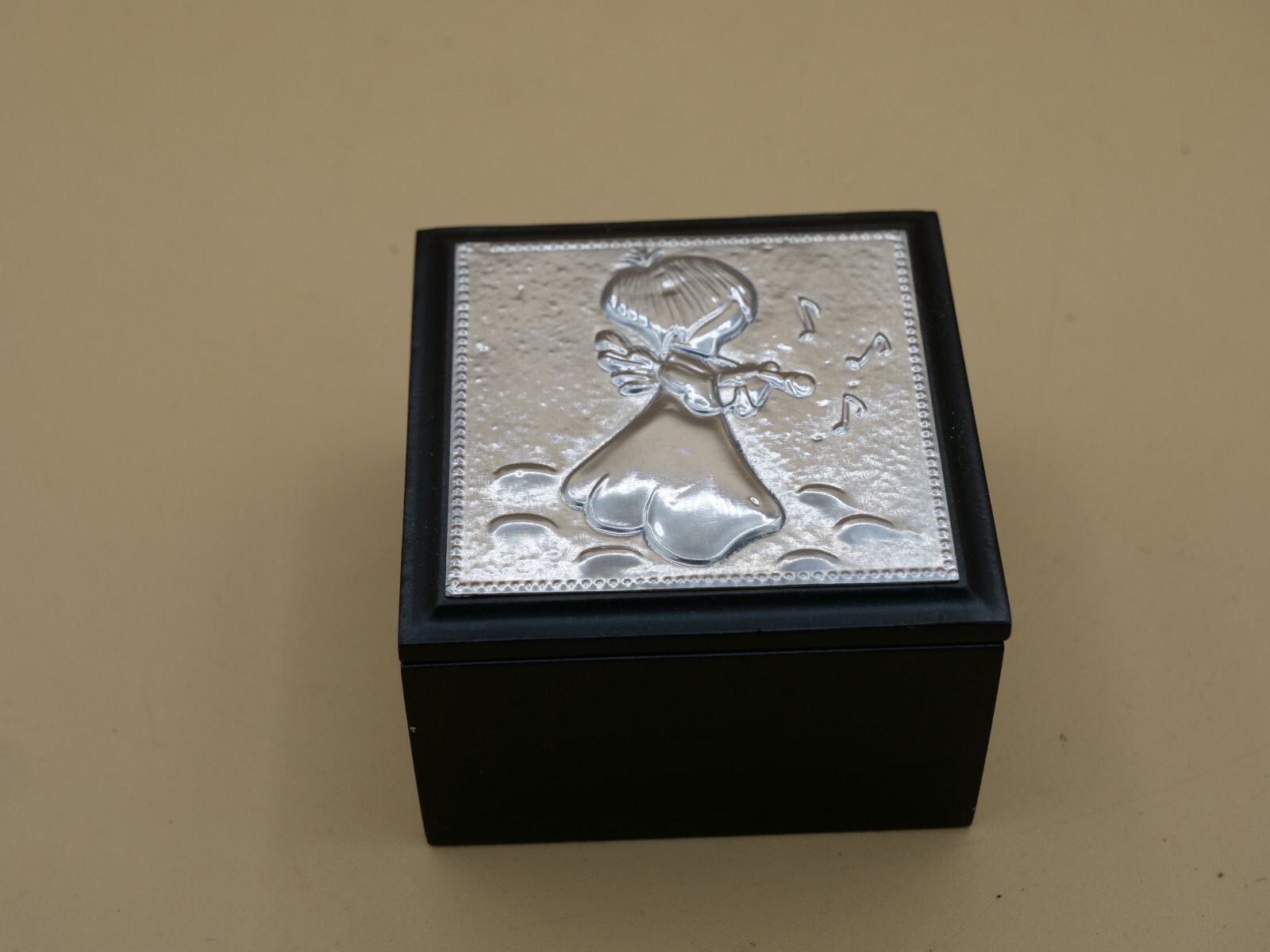 Mini Trinket Box Angel W/ Flute Embossed Silver Metal & Wood 1.75"X 2.75"X 2.75"