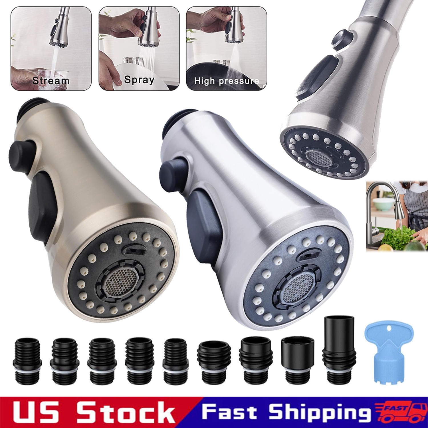 Metal Kitchen Faucet Head Replacement, 3 Mode High-Pressure Sink Sprayer Adpart