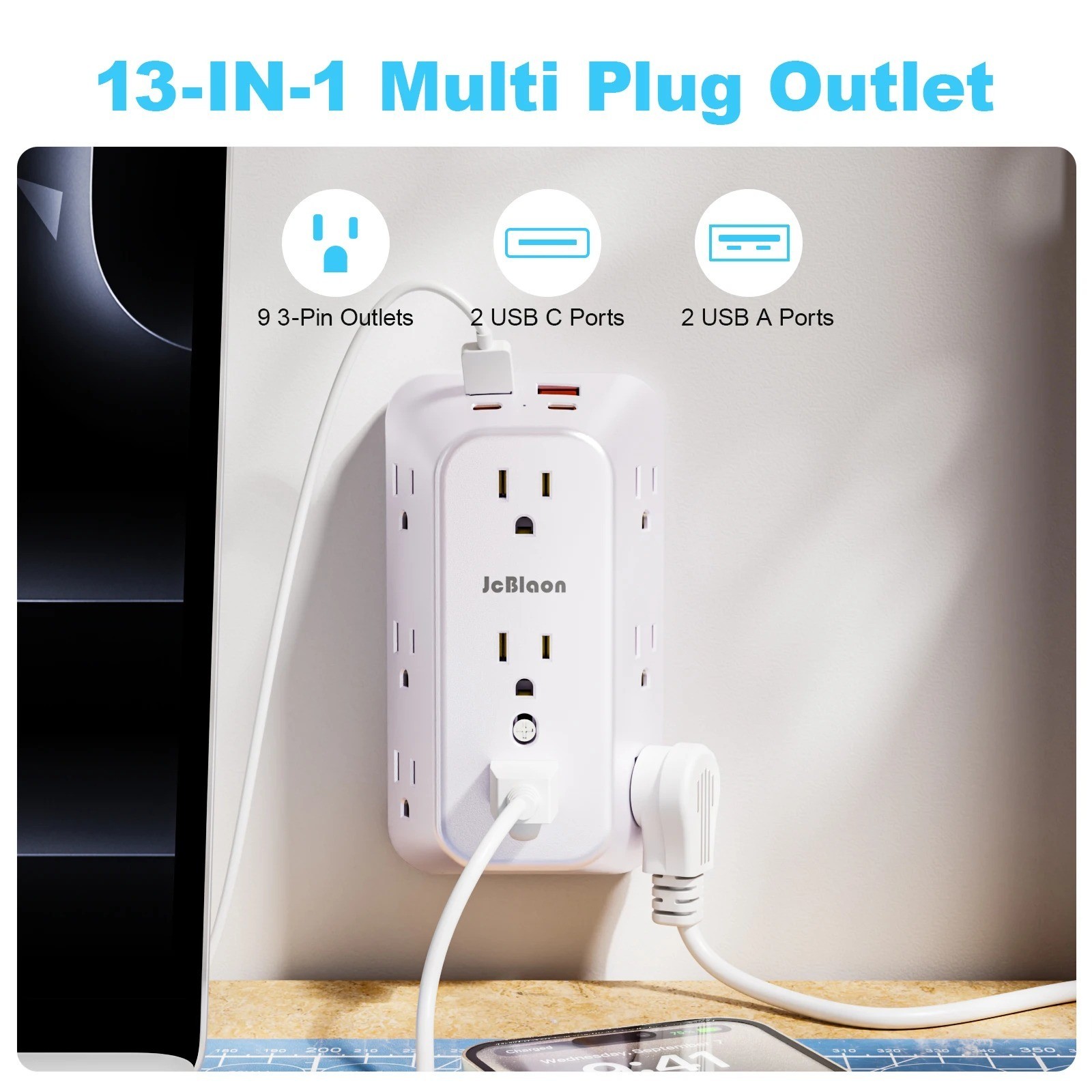 9 Outlet Extender Surge Protector Multi Plug Wall Adapter 4 USB Charger Ports