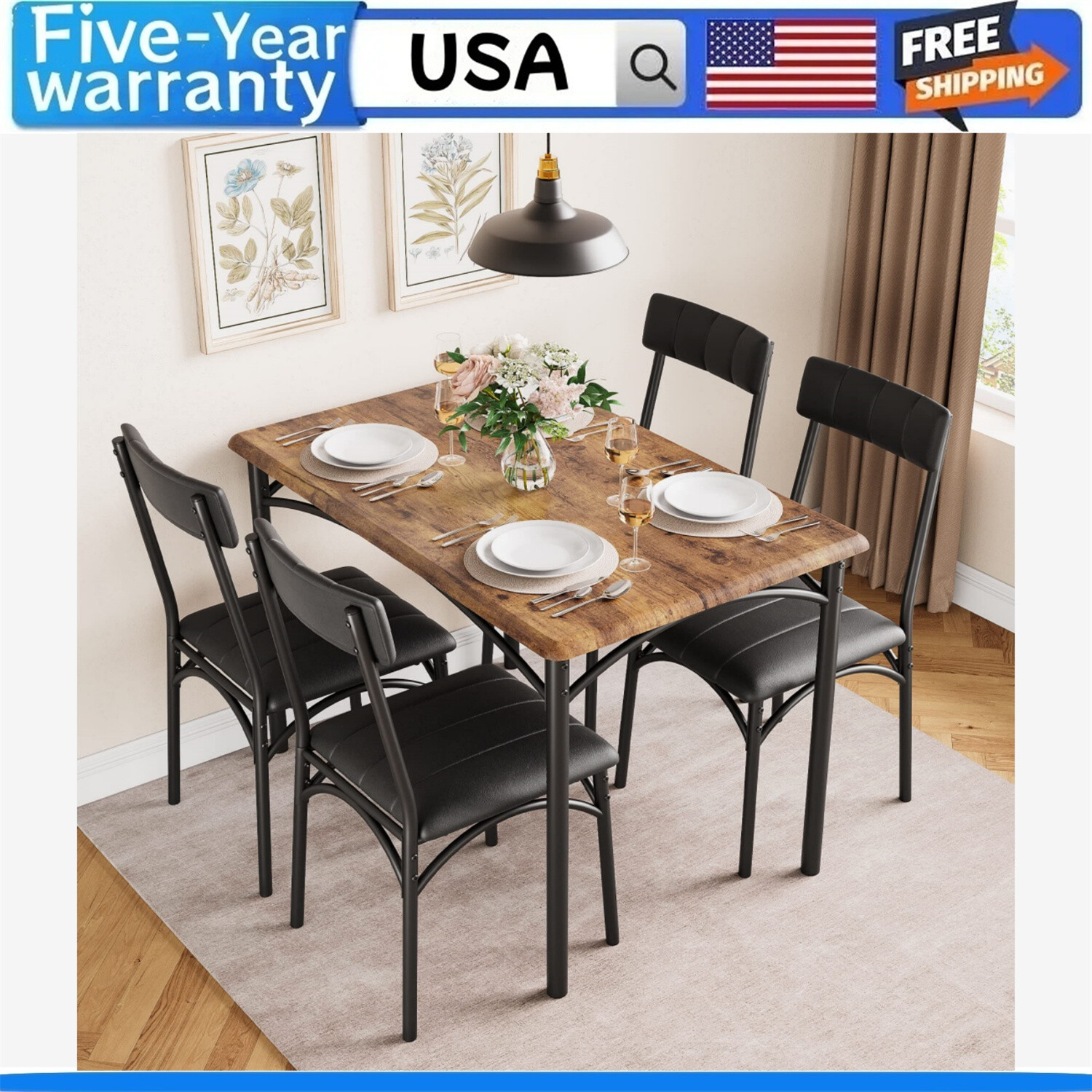 ✈️💒Dining Table Set for 4 Kitchen Table and Chairs Metal and Wood Upholstered C