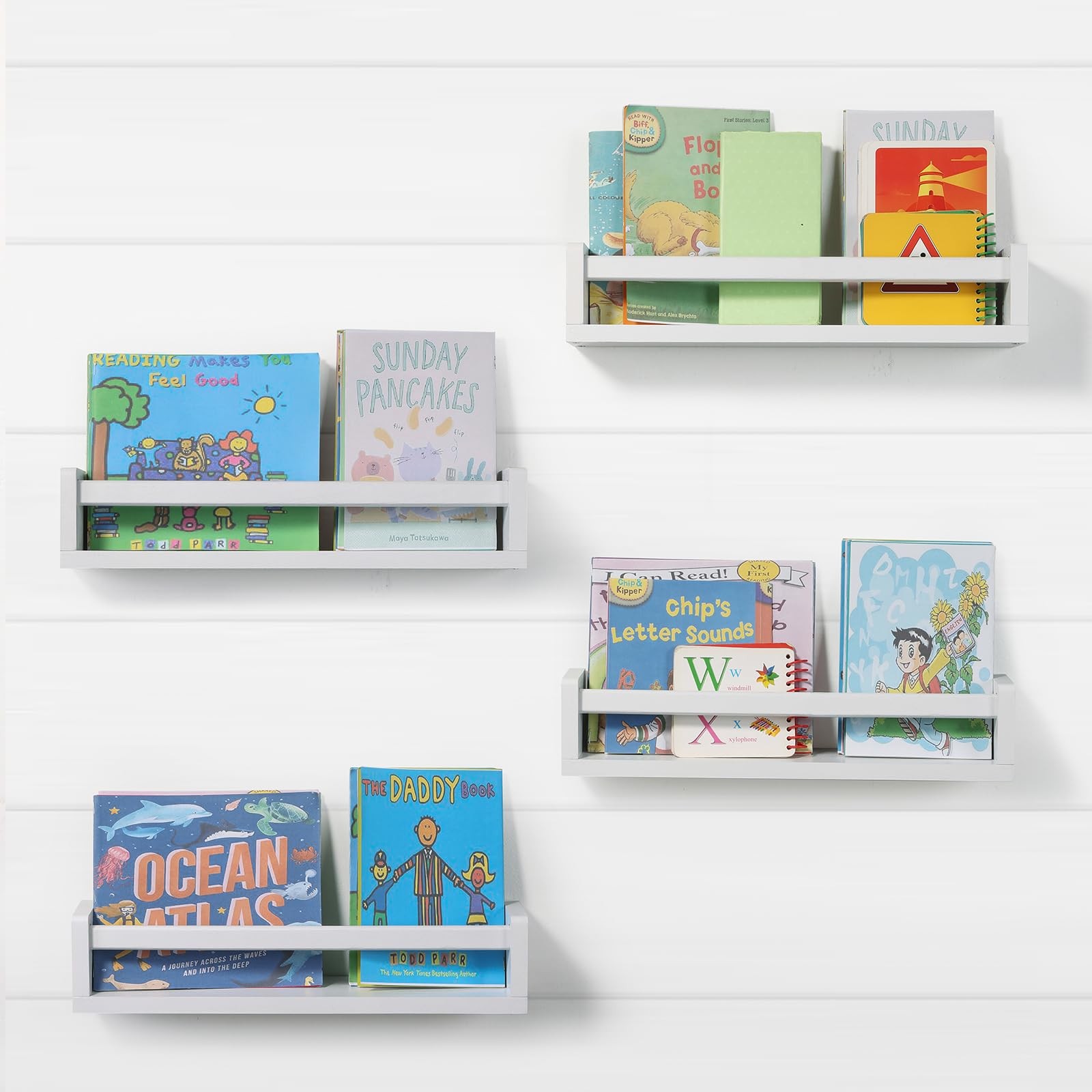 Nursery Room Shelves Set of 4, Wood Floating Book Shelves for Room, Baby Book...