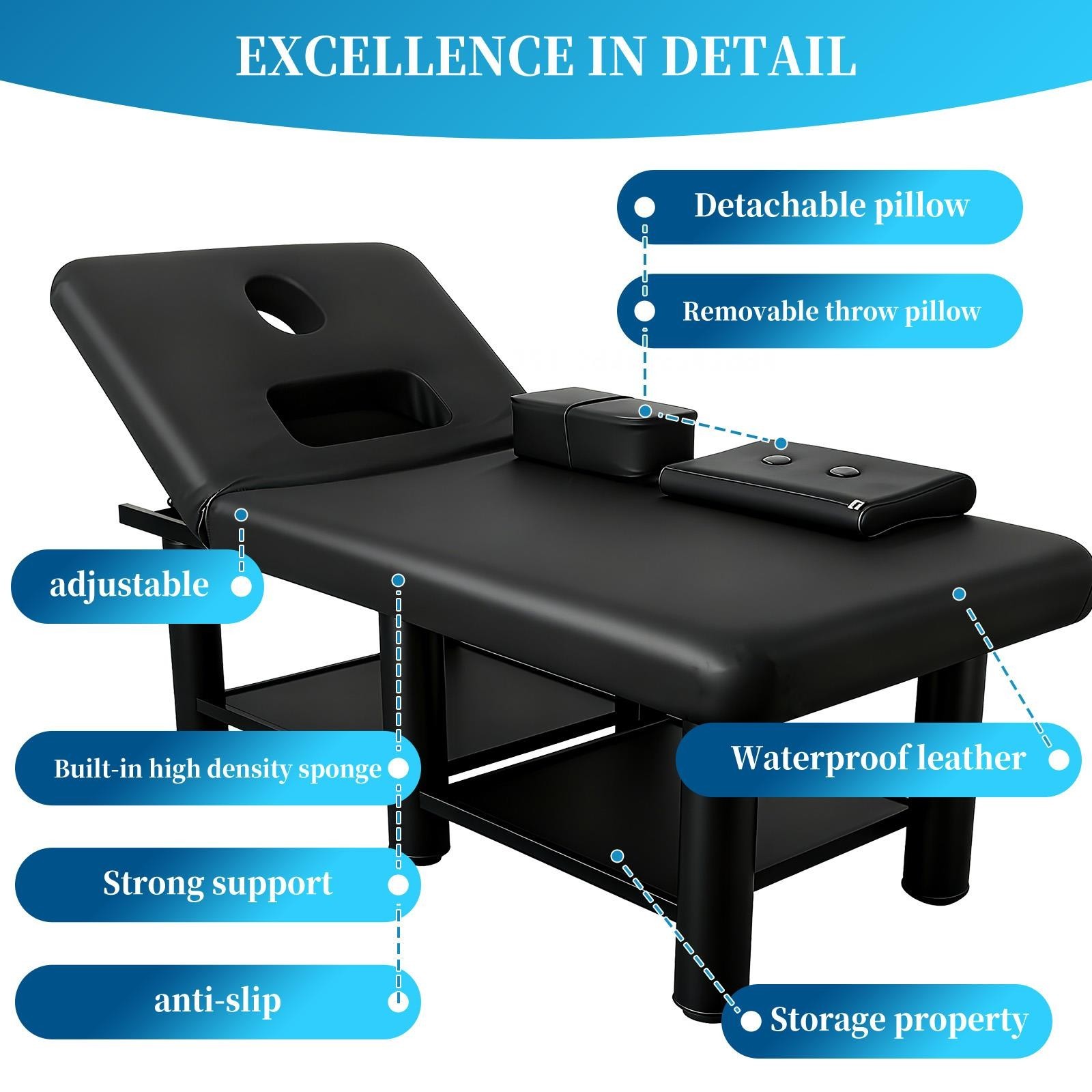 Heavy Professional Massage Bed with Detachable Headrest and Adjustable Backrest