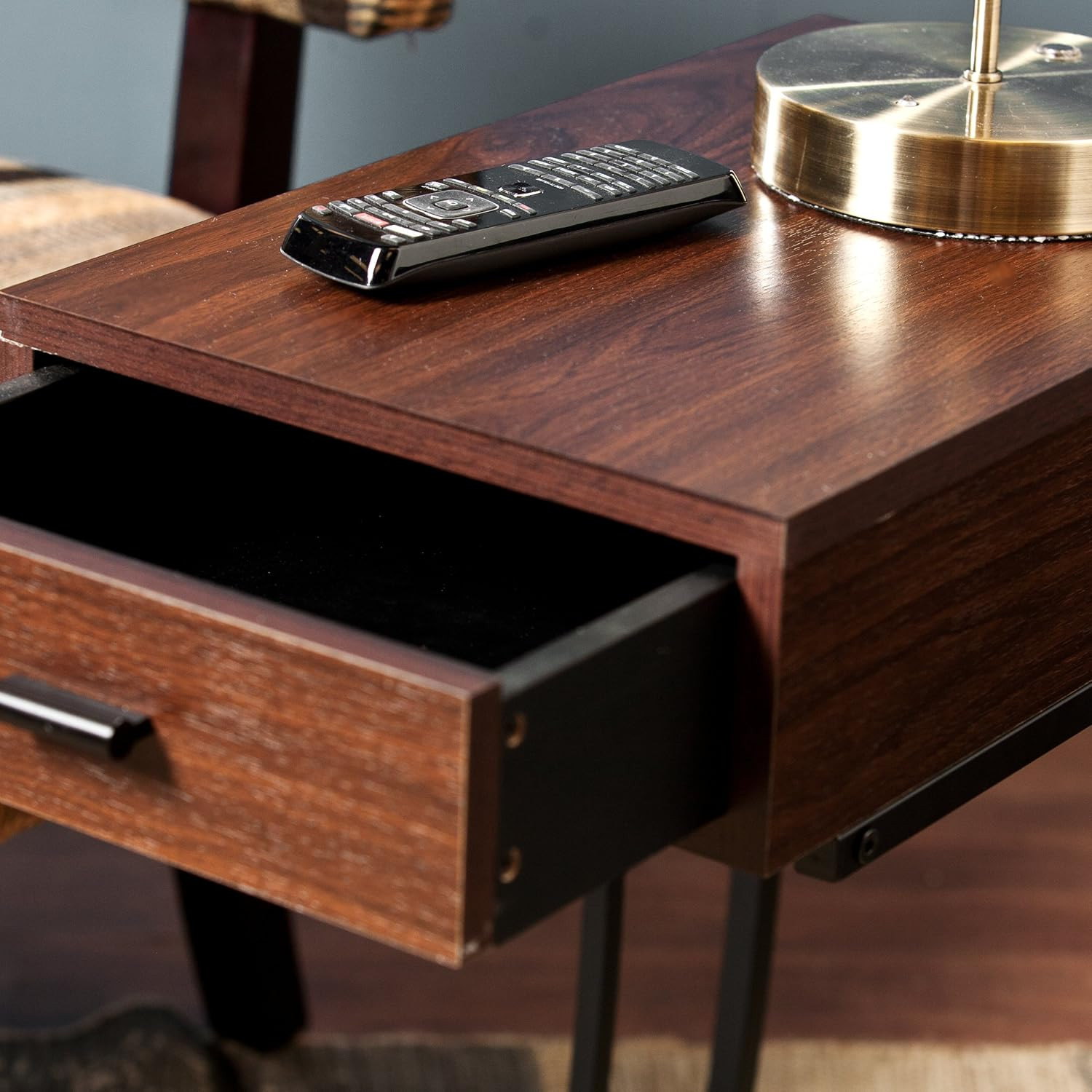 - Porten Side Table with Power & USB Outlet - Transitional Design, Brown Metal a