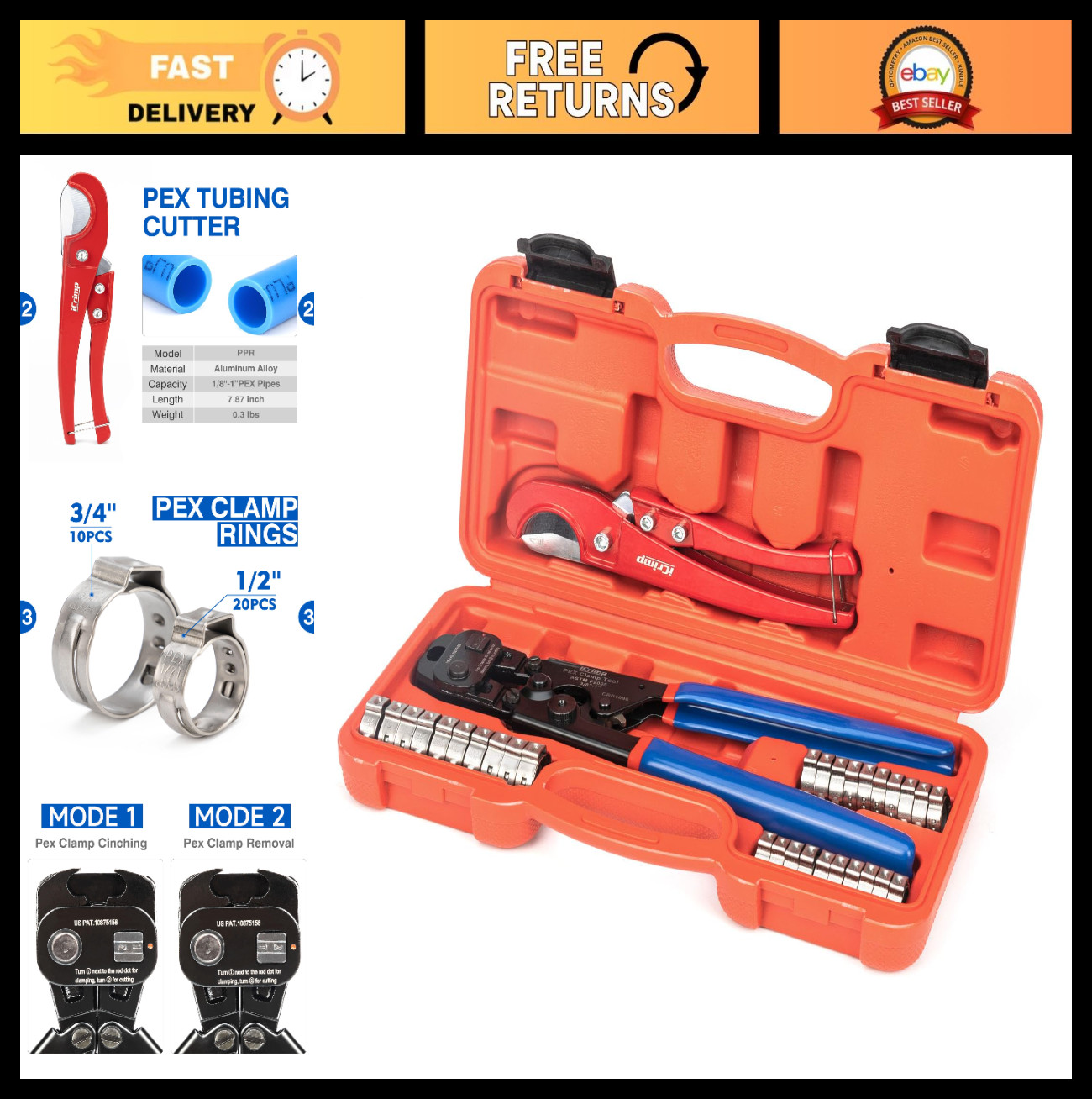 PEX Crimping Tool Kit for 3/8" to 1" PEX, Clamp Rings & Tubing Cutter, 30 Pack
