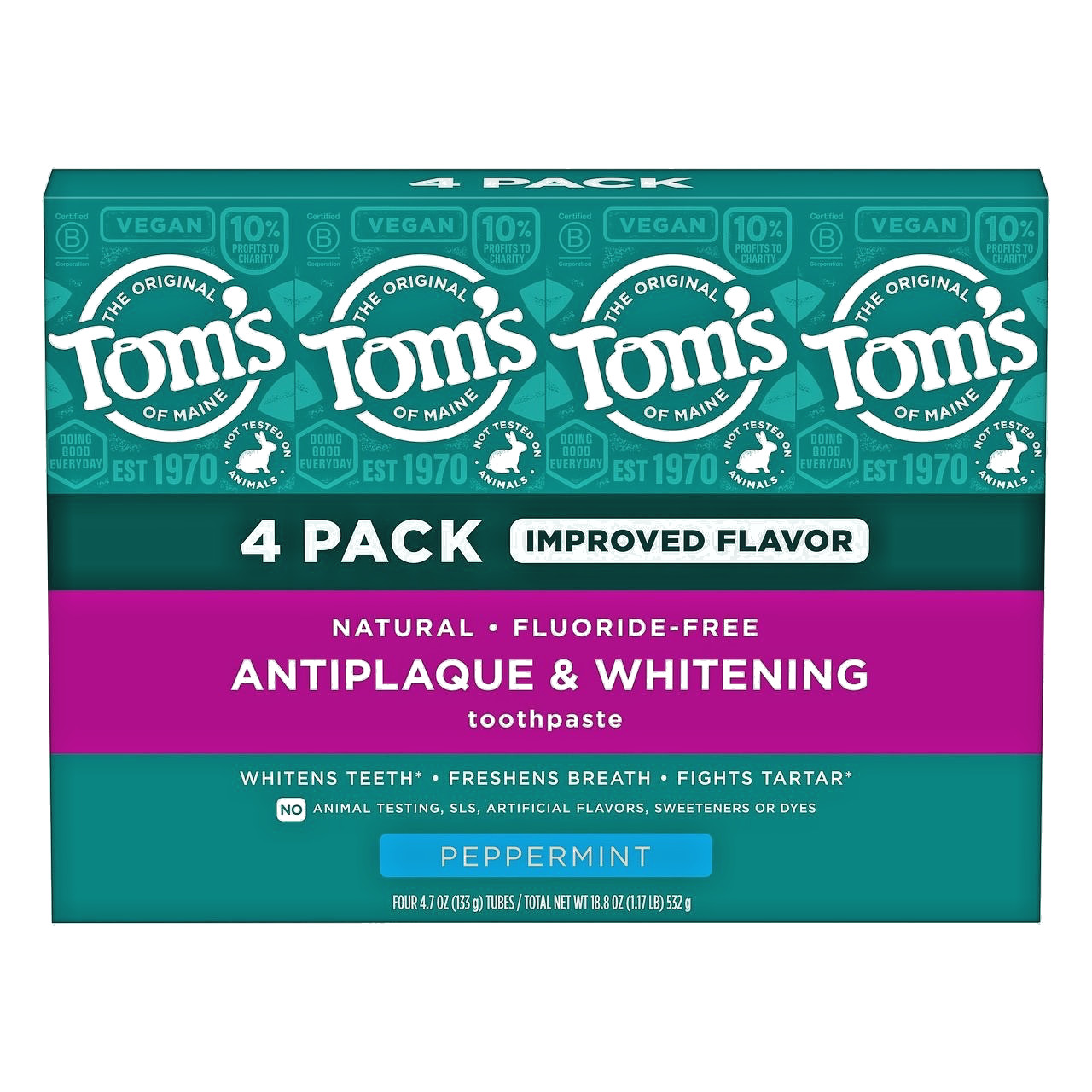 4PK. Tom's of Maine Fluoride-Free Antiplaque & Whitening Toothpaste Peppermint