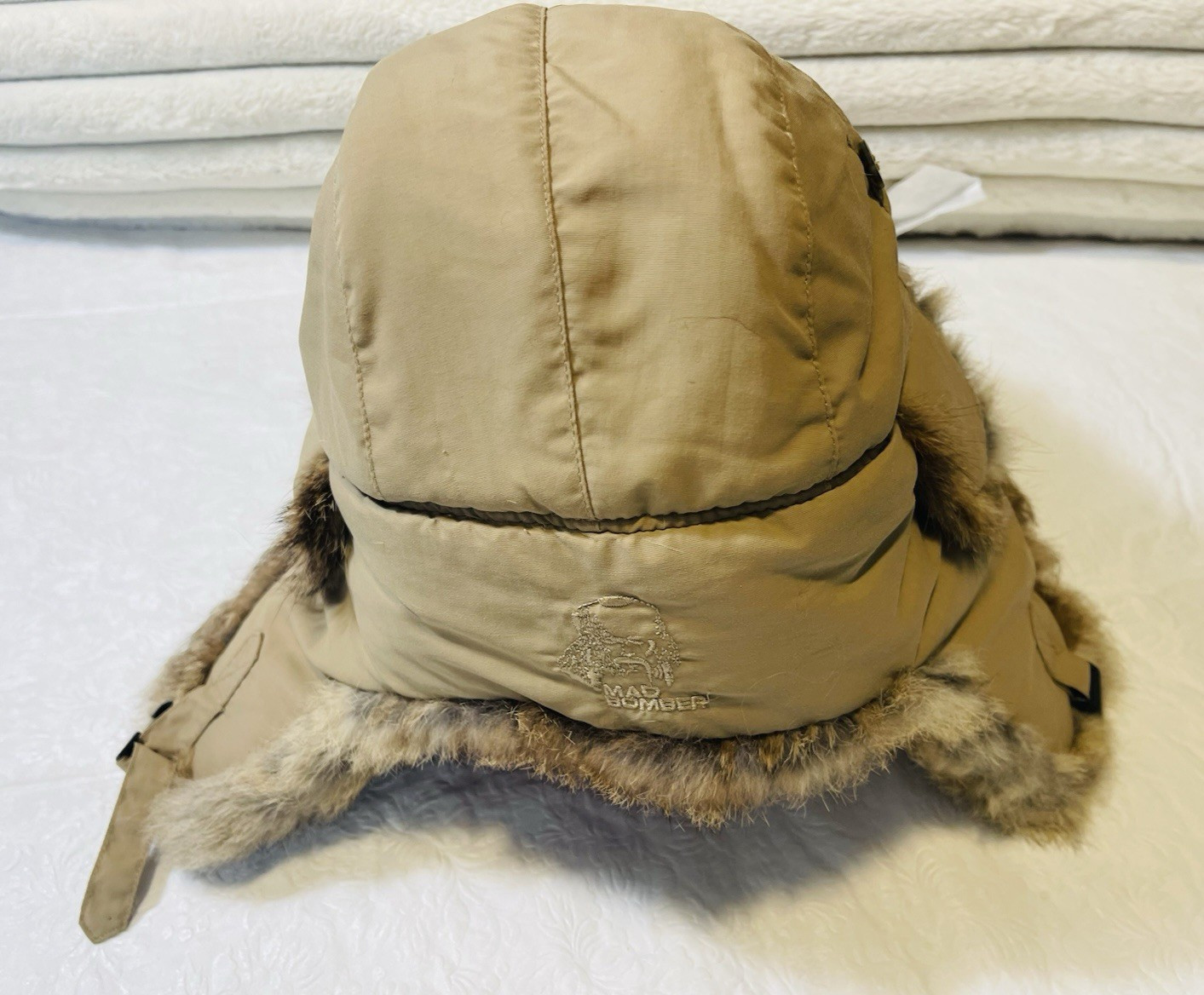 Mad Bomber Trapper Hat S Tan Rabbit Fur Ear Flaps Quilted Lining Winter New Con