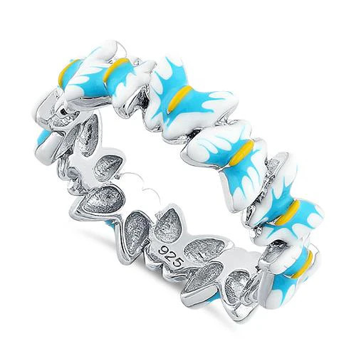925 Sterling Silver Hand-Painted Paradise Blue & White Butterfly Enamel Ring