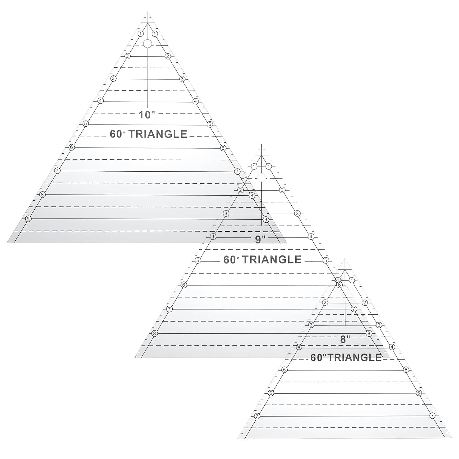 3 Pcs 60 Degree Triangle Ruler for Quilting, 8, 9,10 Inch Acrylic Template Ruler