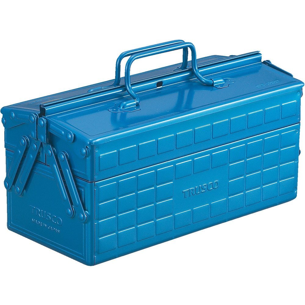 Blue Portable Tool Box 2 Level Storage Steel Body 13.8 x 6.3 x 8.5 Inches