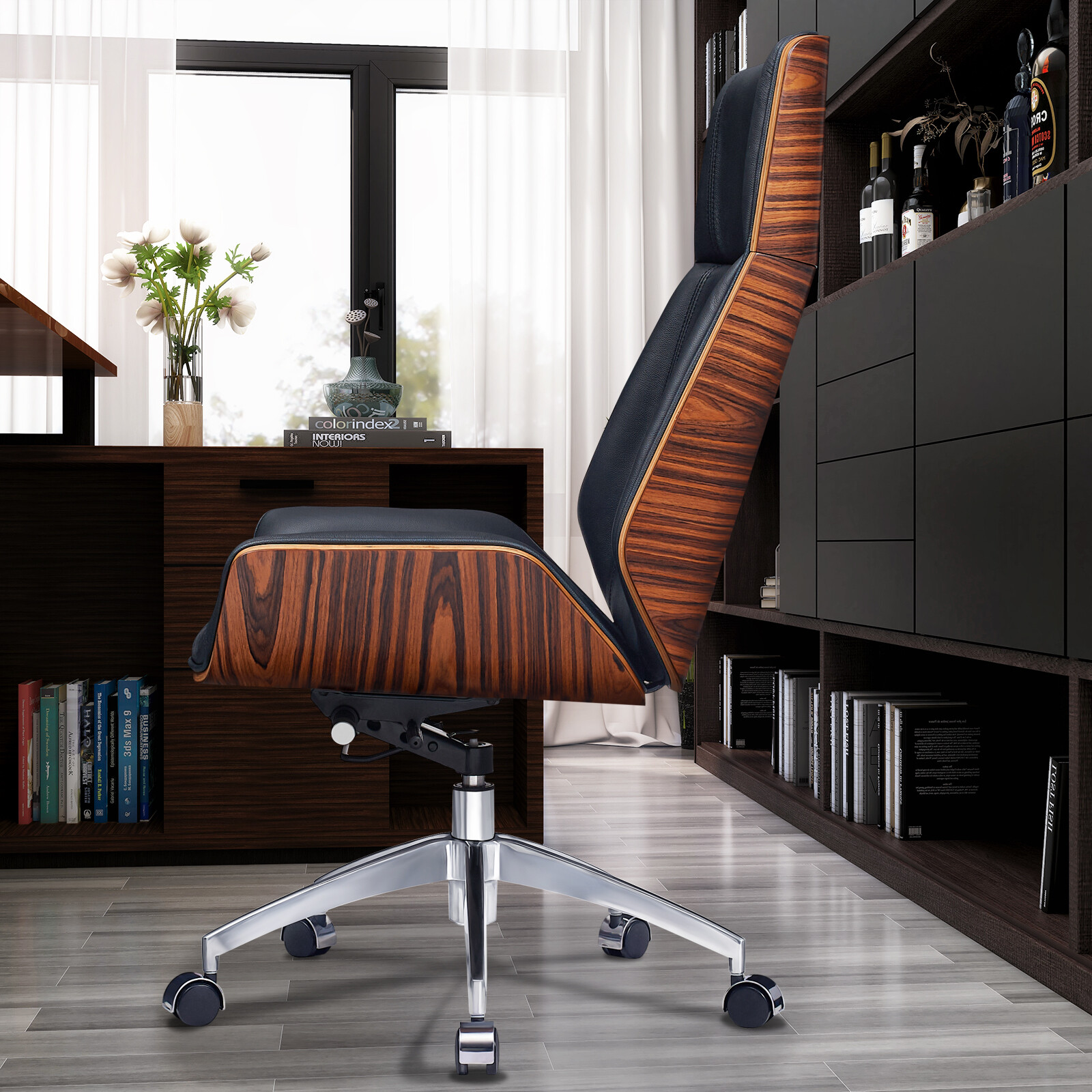 Light Rosewood Office Chair Ergonomic Armless Chair Genuine Leather Desk Chair