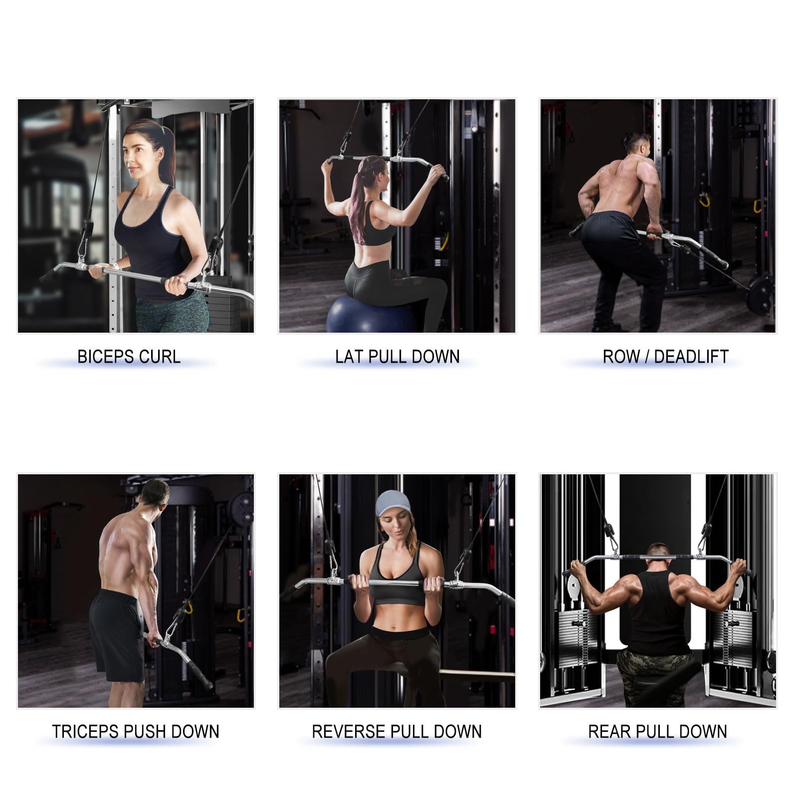 48'' LAT Pull Down Bar: Rotating Double Hooks for Dual Pulley Cable Machine -...