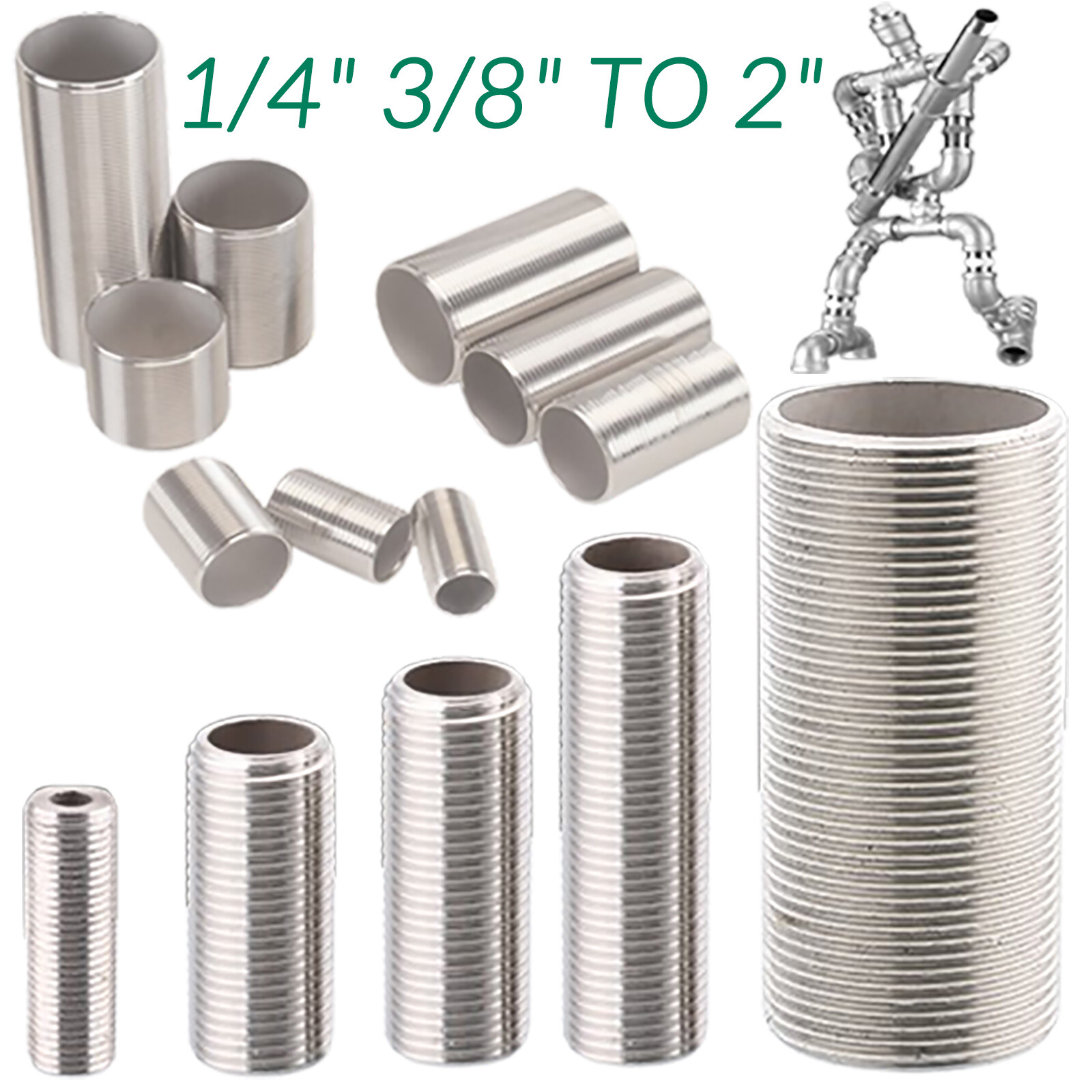 1/4"-2" BSP Thread 50-150mm Long A2 Stainless Running Nipple Plumbing Connector