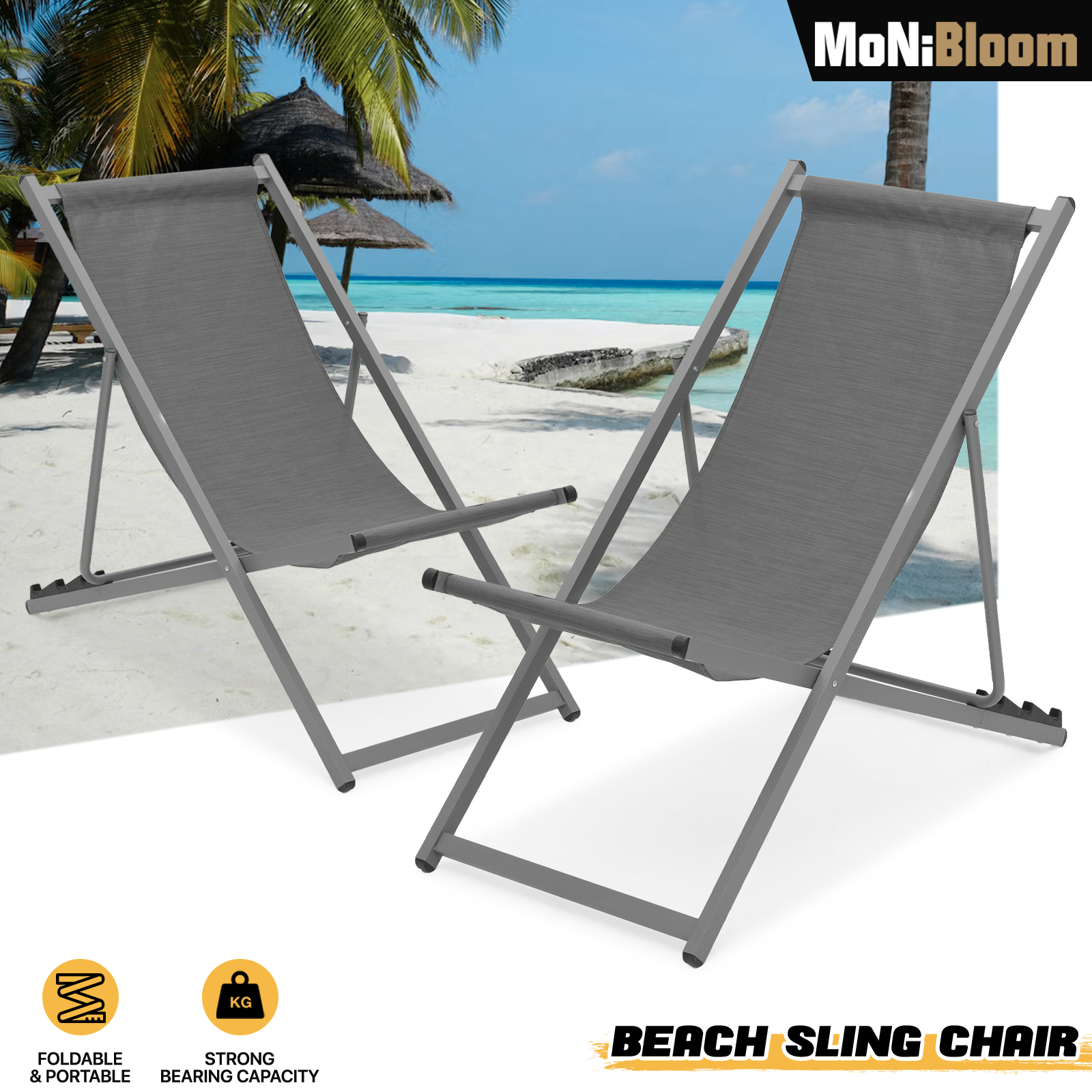 2 Pack Foldable Beach Sling Chair Set Adjustable Backrest Reclinable Lounge Seat