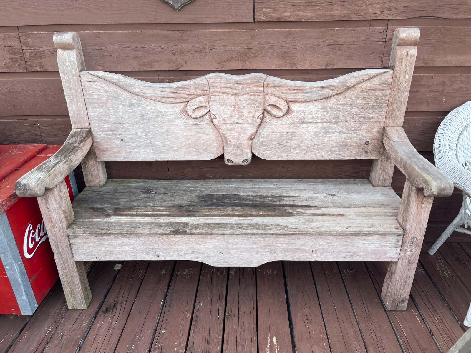 BENCH, SOLID WOOD CARVED LONGHORN BENCH 4' WIDE