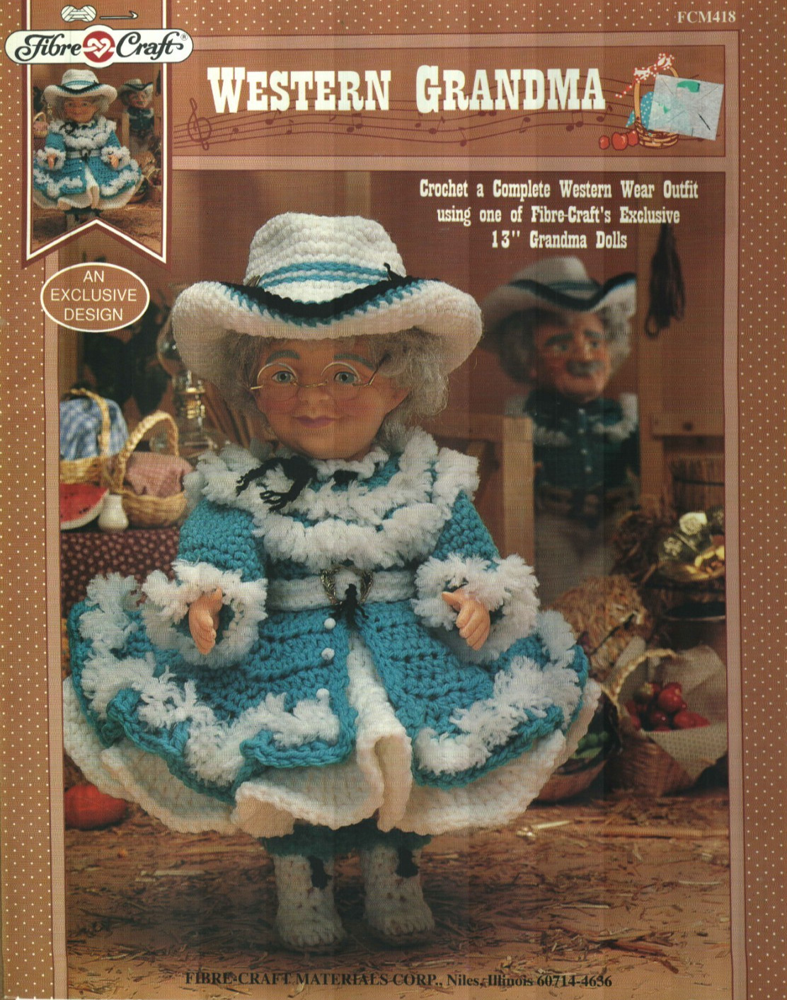 WESTERN GRANDMA 13" DOLL COWGIRL DRESS FIBRE CRAFT CROCHET PATTERN LEAFLET