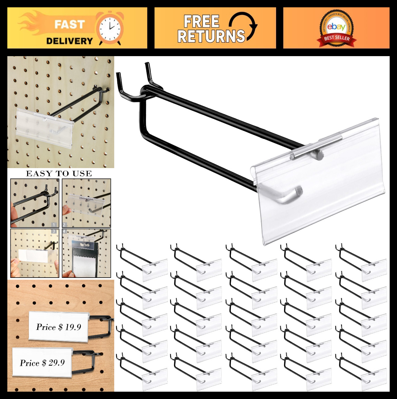 50 Pack 6" Black Metal Pegboard Hooks with Label Holders for Garage & Retail Sto