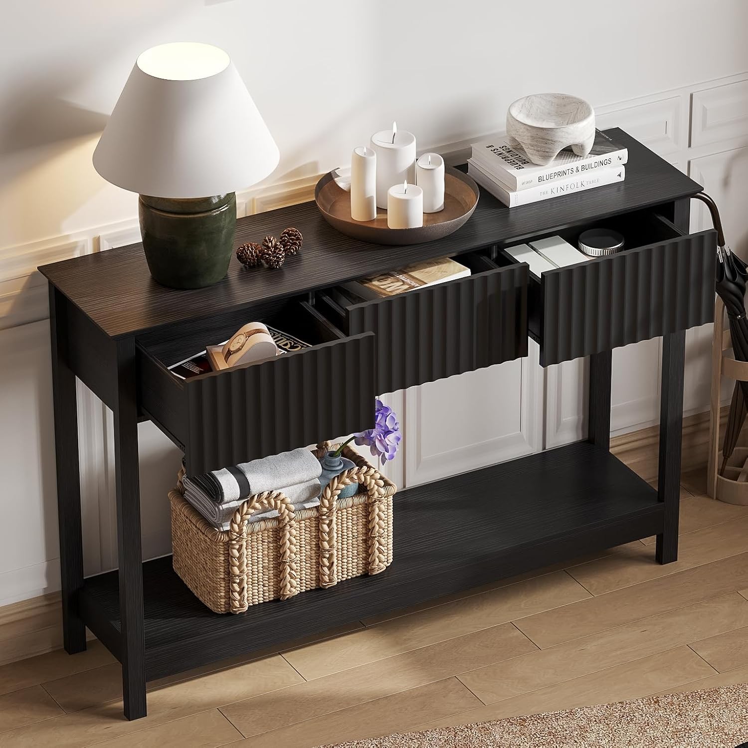 47" Fluted Console Table W/ 3 Drawers Narrow Long Entryway Table W/ Storage &